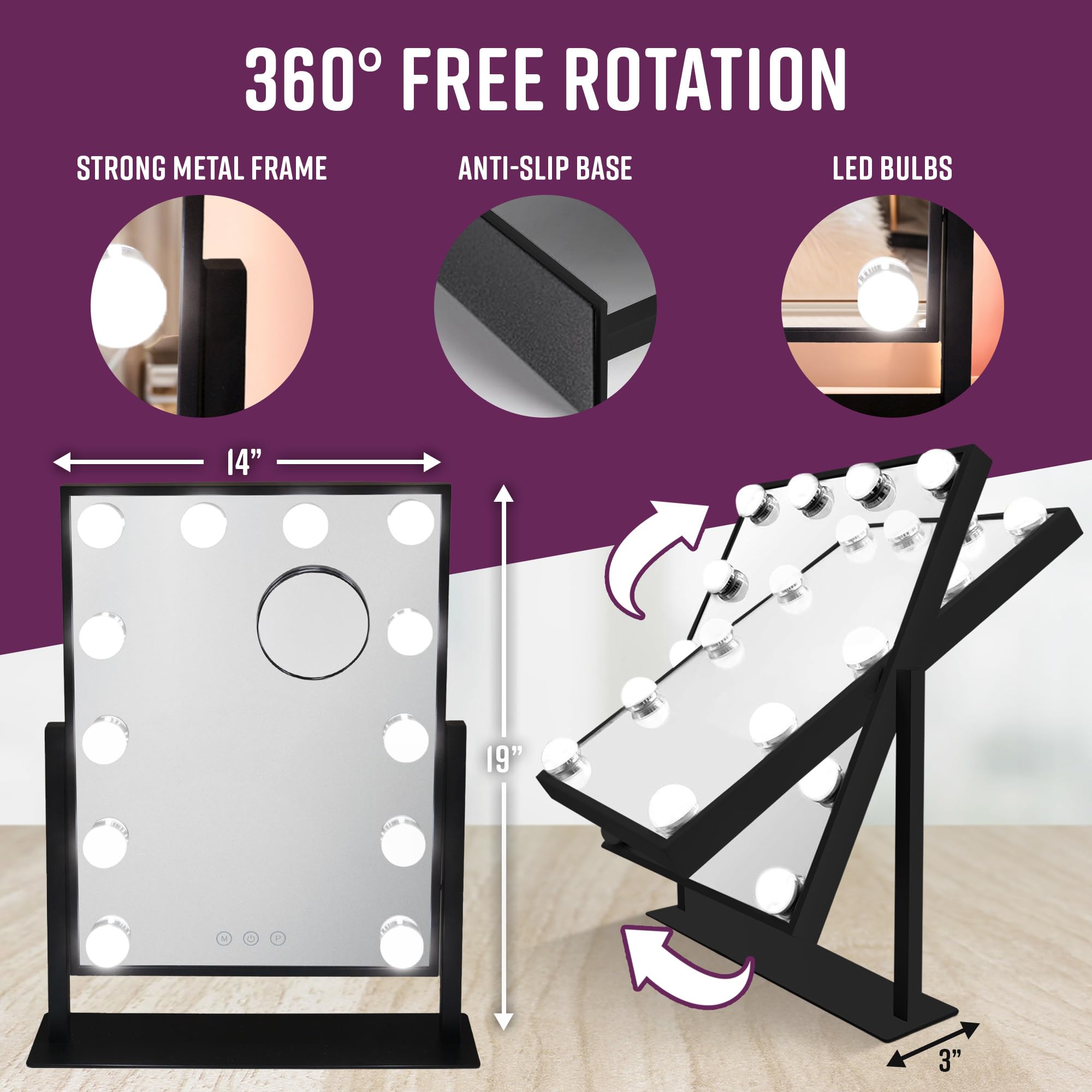 GloBrite Hollywood Vanity Mirror with 12 LED Bulbs – 3 Light Modes, Black
