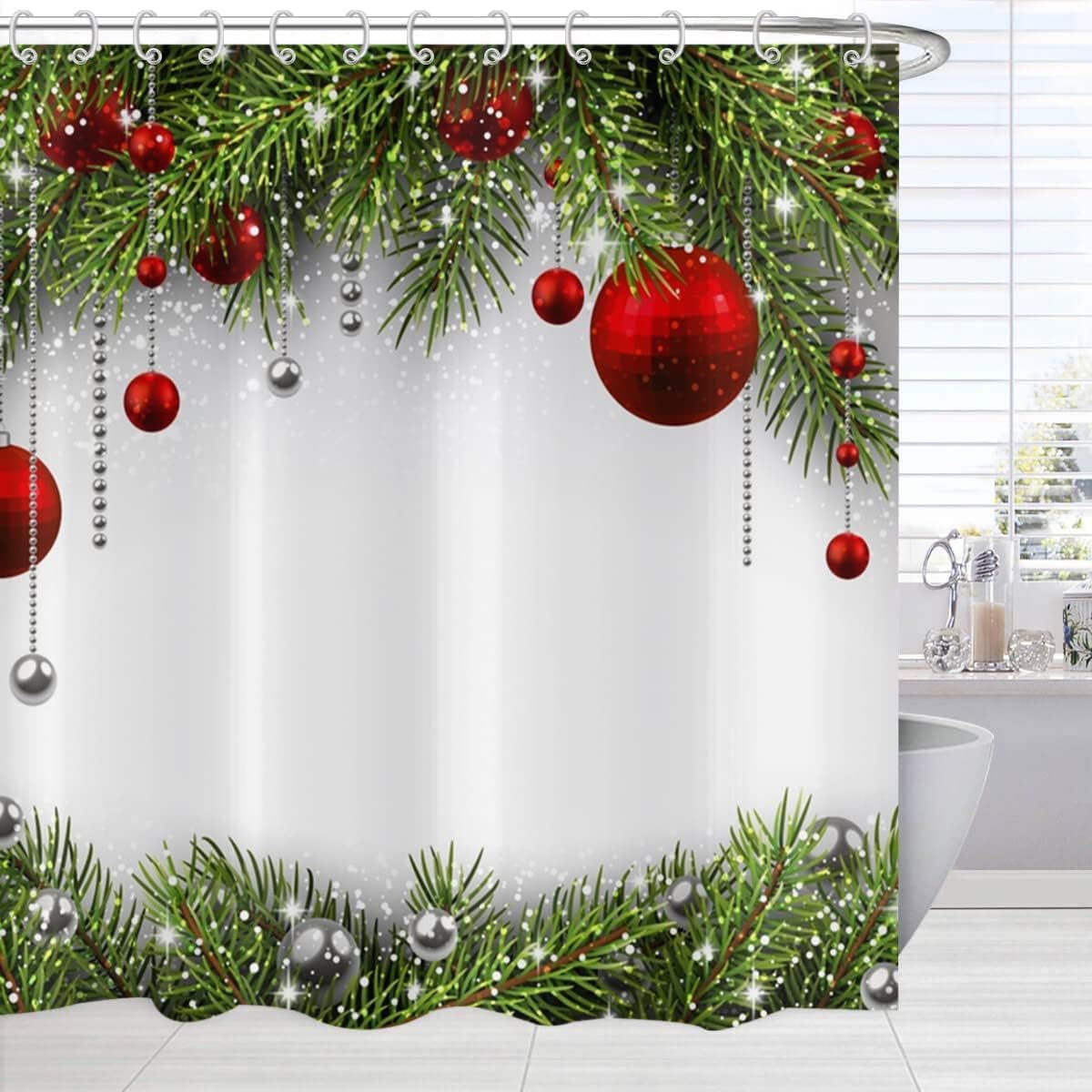 GCIREC Christmas Shower Curtain | Waterproof Pine Leaves Fabric Decor