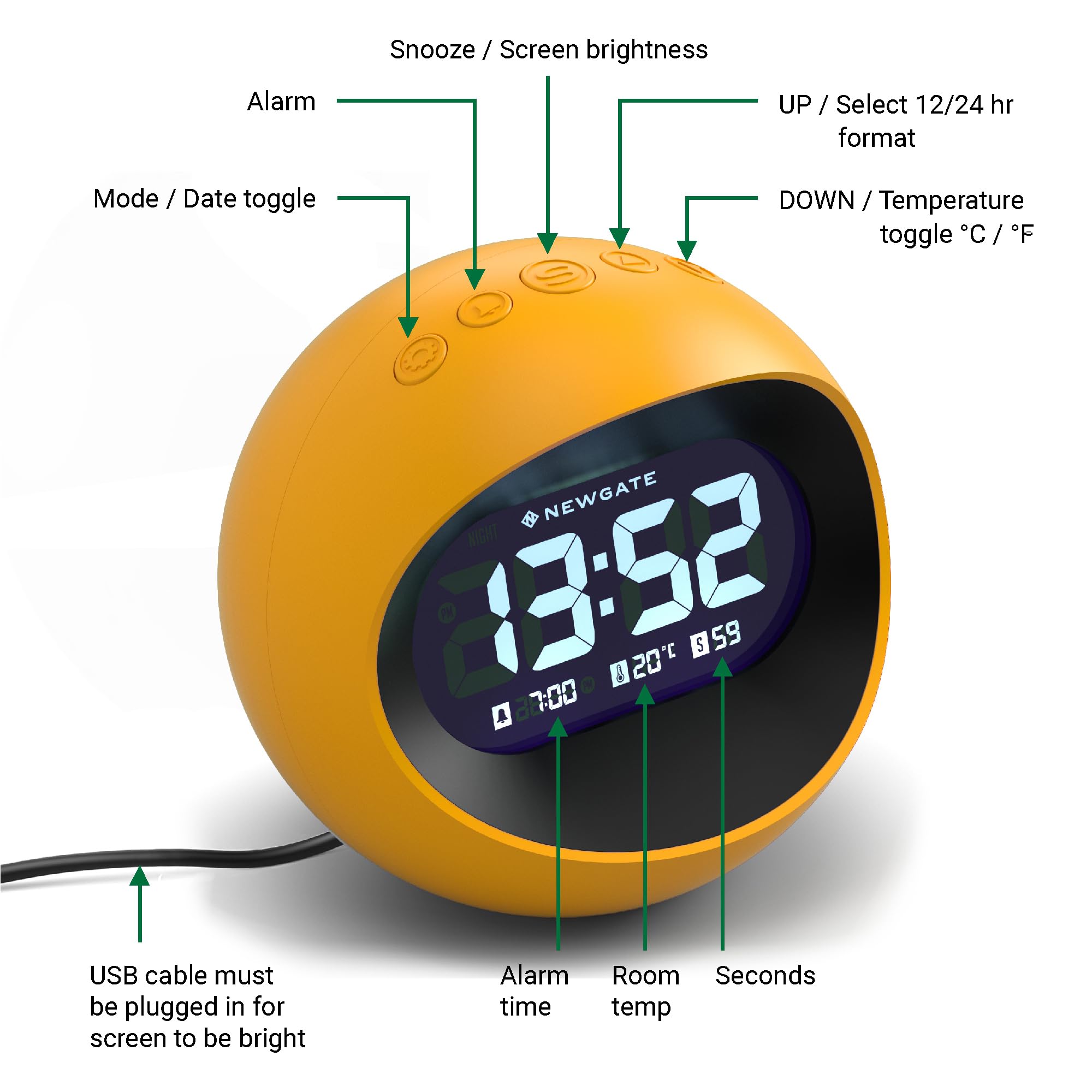 Newgate Centre of the Earth Digital Alarm Clock | LCD Display – Yellow