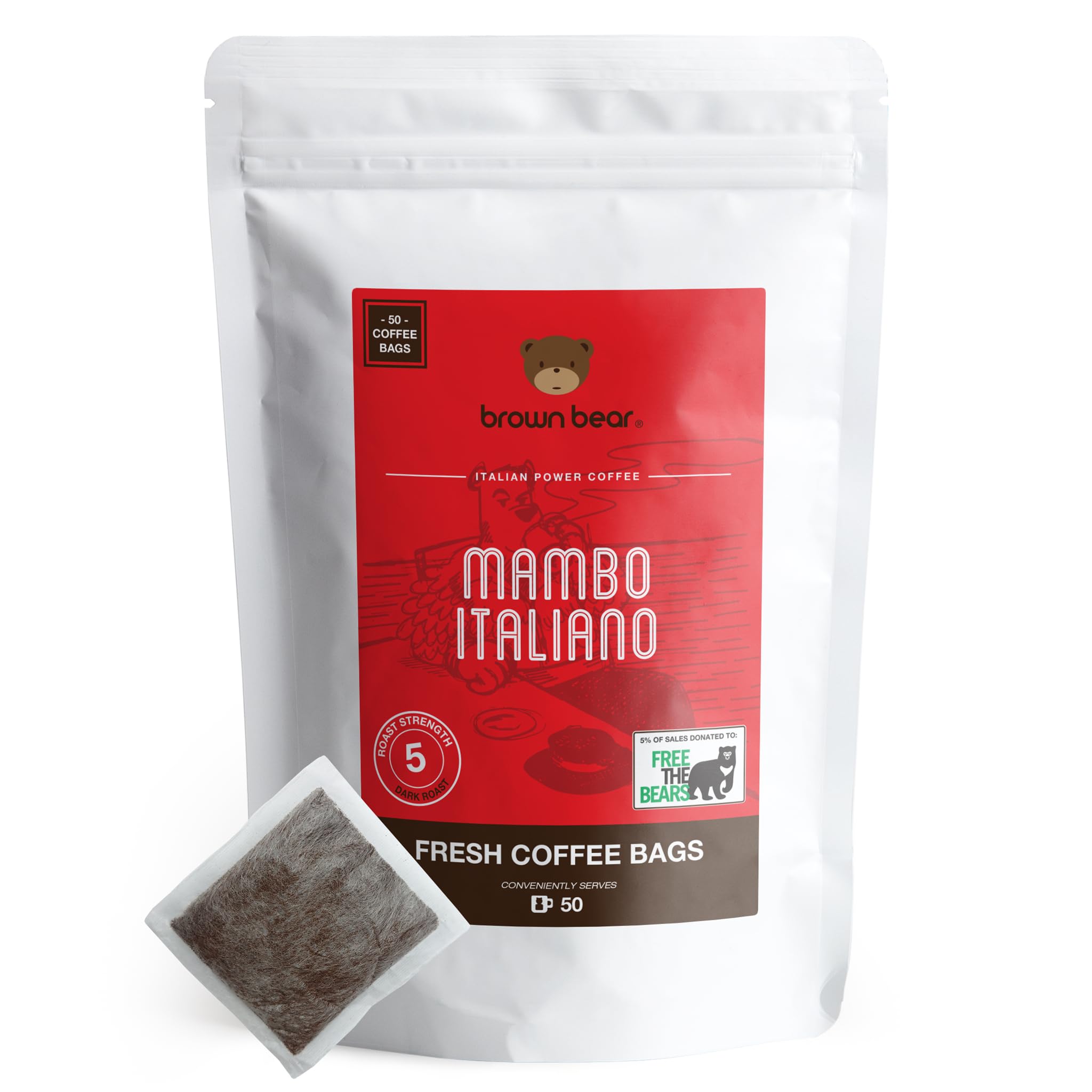 Brown Bear Mambo Italiano Strong Dark Roast Espresso Coffee Bags - 50 Pack