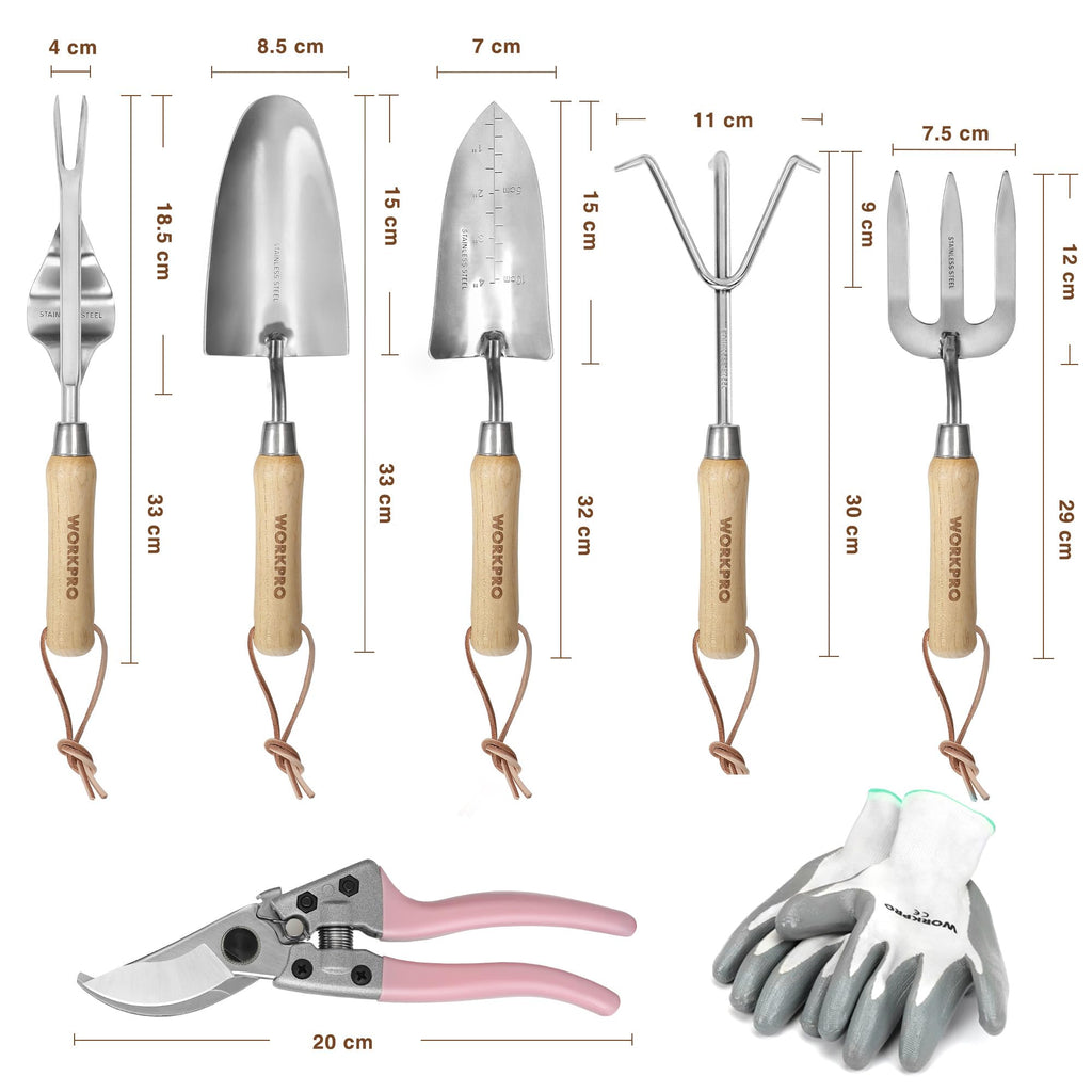 WORKPRO 8-Piece Pink Garden Tool Set | Stainless Steel & Wood Handles