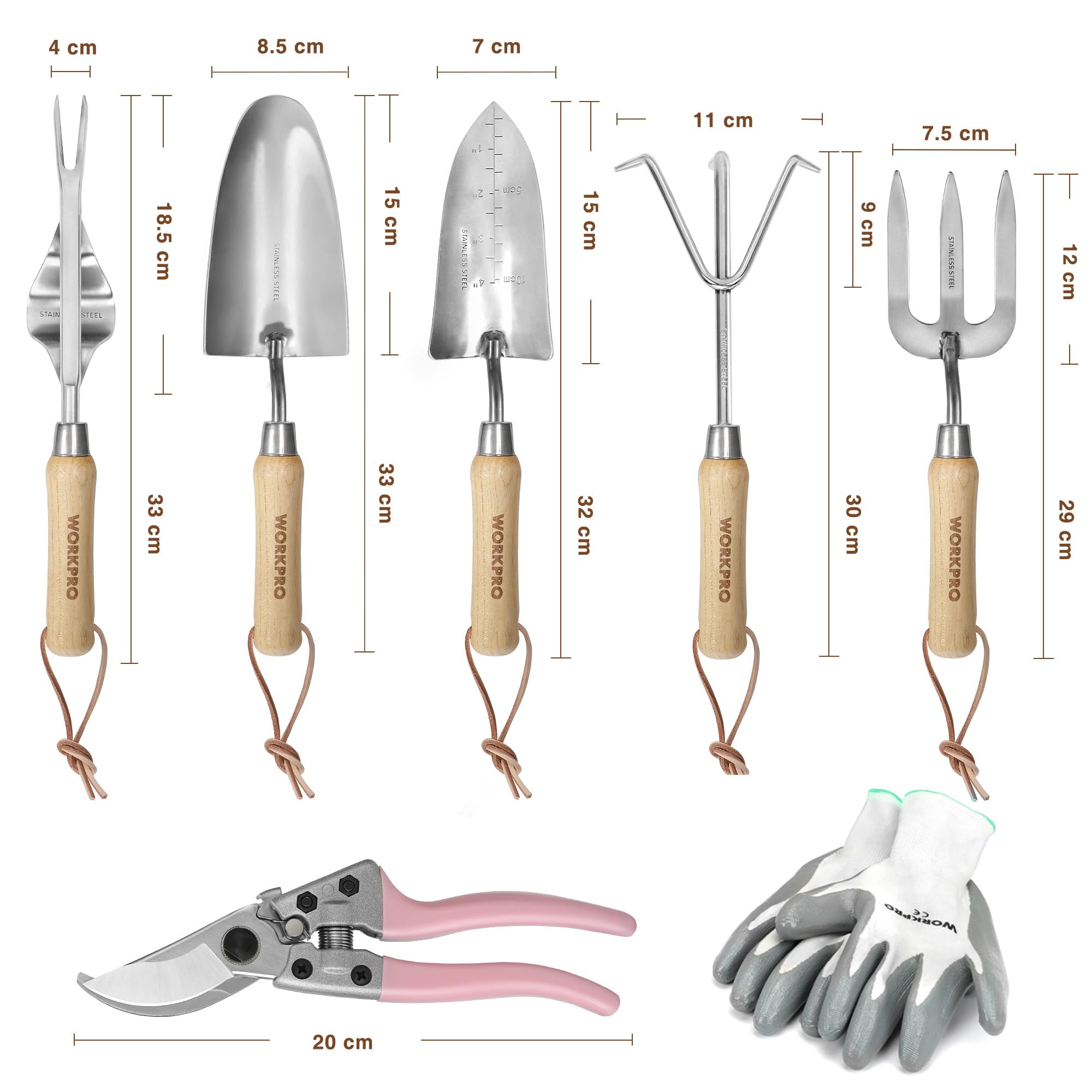 WORKPRO 8-Piece Pink Garden Tool Set | Stainless Steel & Wood Handles