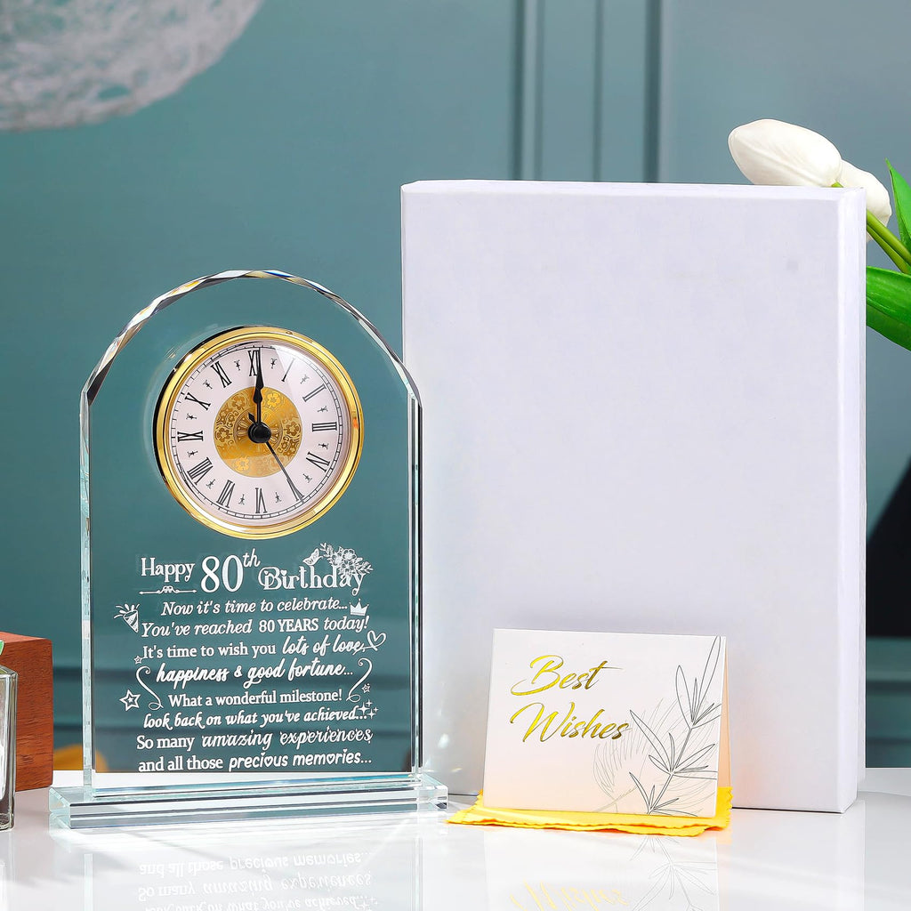 Jolof Store 80th Birthday Glass Keepsake Clock – Milestone Gift for Women