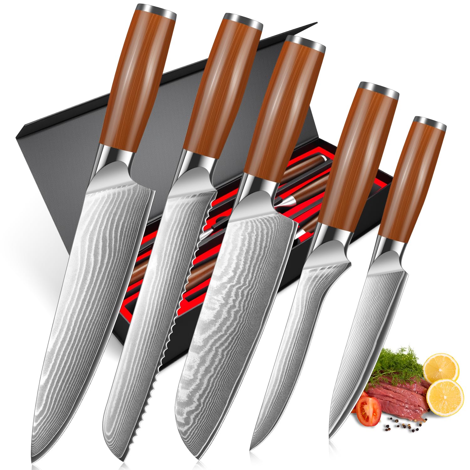 5-Piece Damascus Steel Kitchen Knife Set – Ergonomic Handle