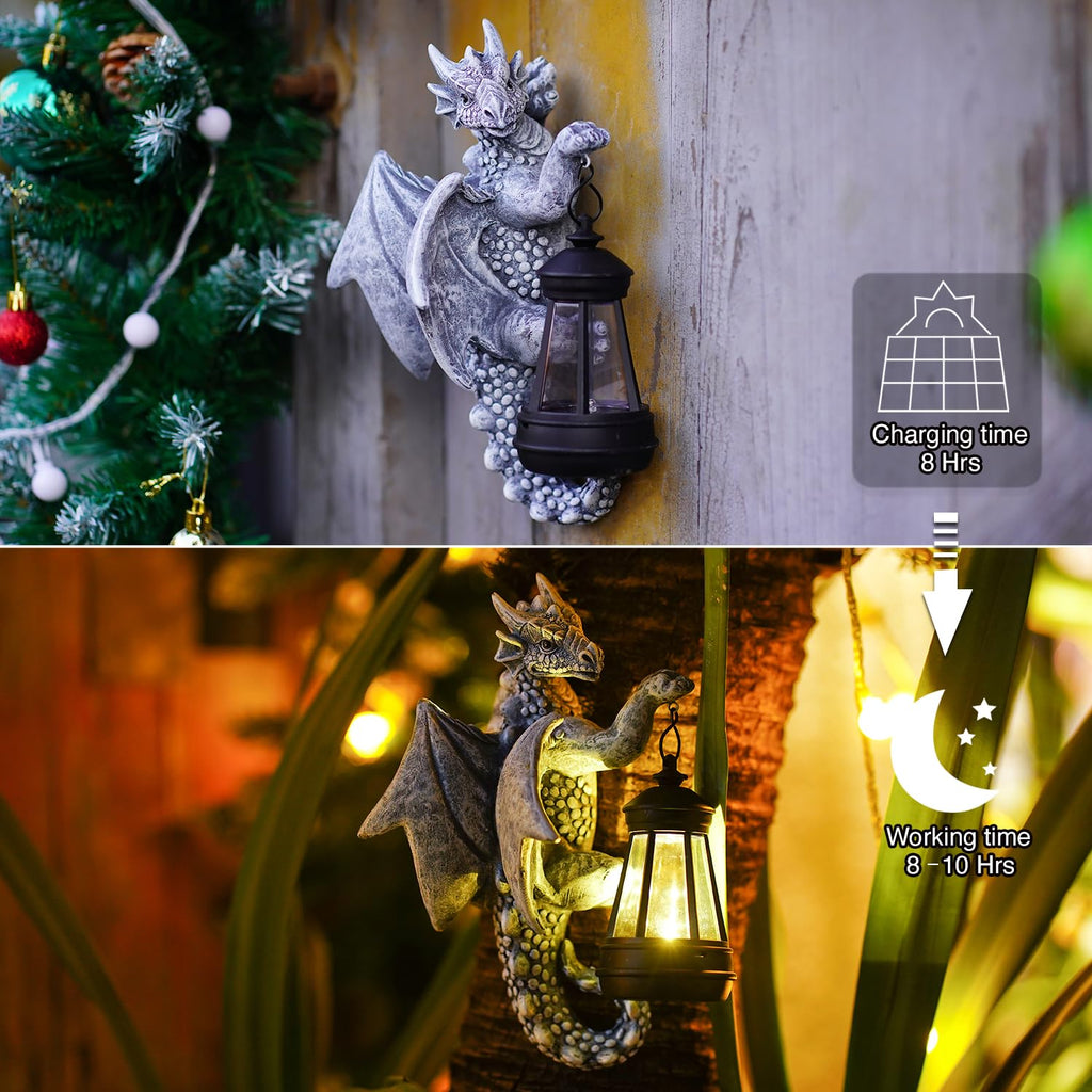 Jolof Store Garden Dragon Statue with Solar Lantern – Resin Tree Hugger Decor