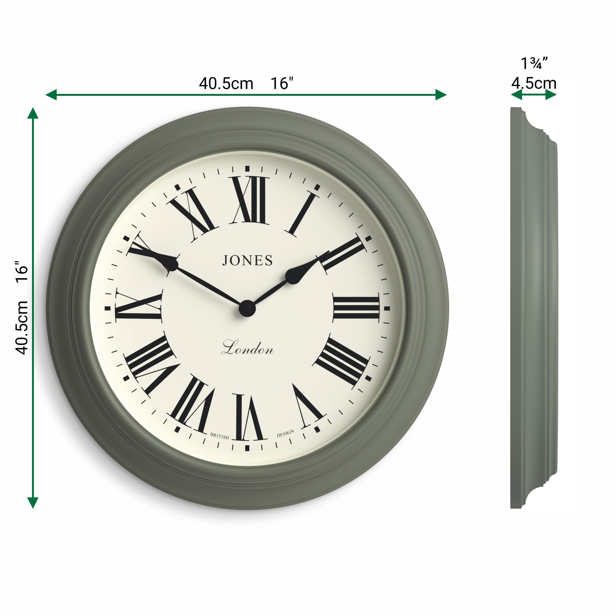 Jones Clocks Supper Club Large Wall Clock | 40cm Roman Numeral Green