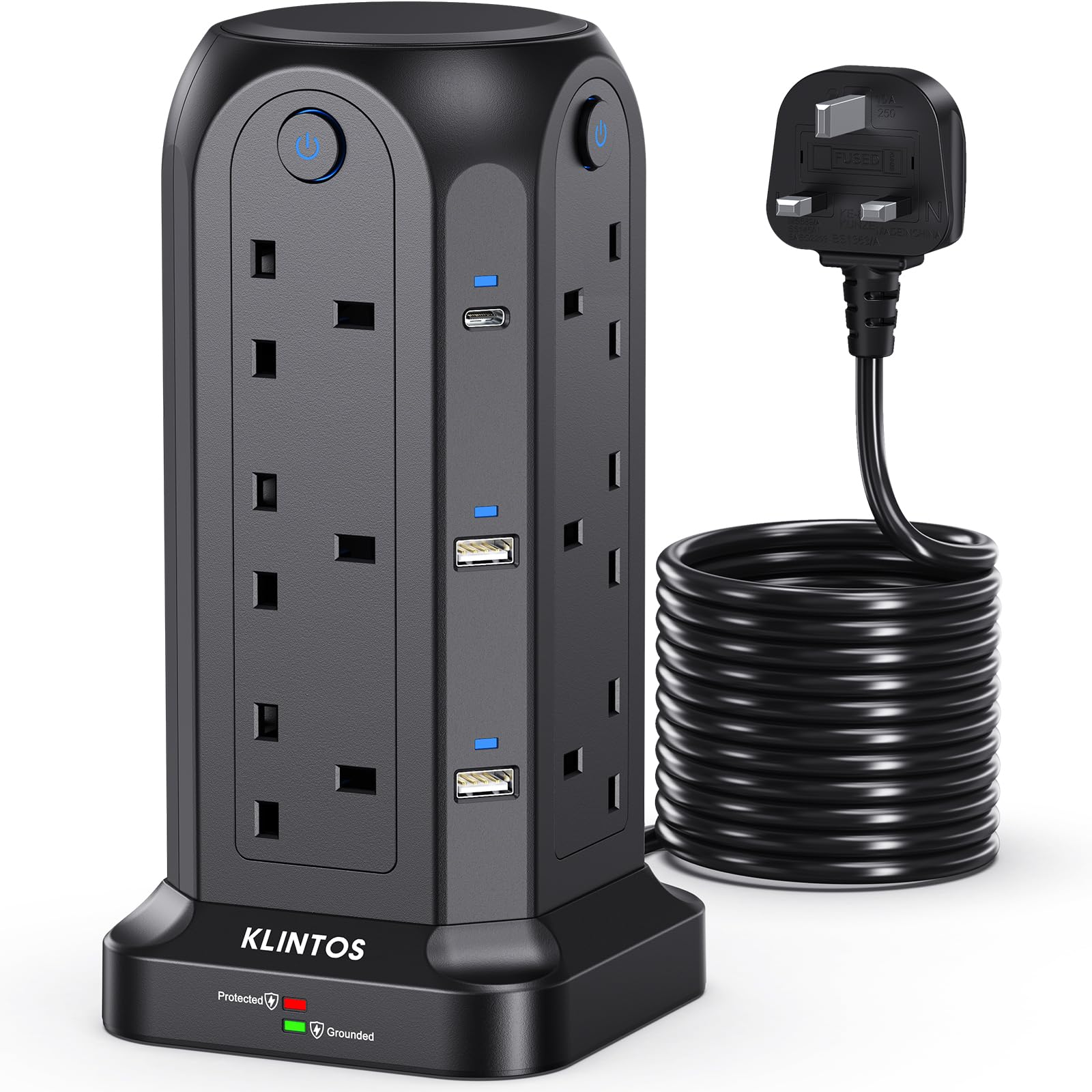 Jolof Store 12-Way Tower Extension Lead – 5M Surge Protector with 6 USB