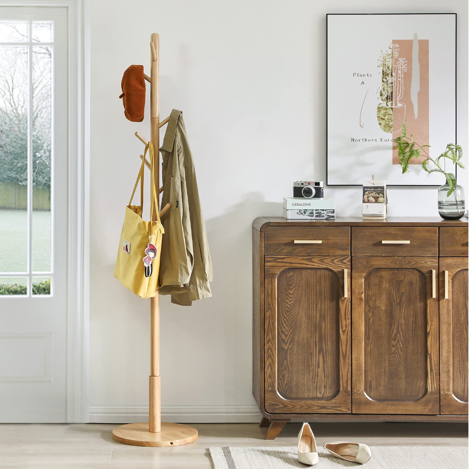 IBUYKE Solid Wood Coat Tree | 8-Hook Free Standing Rack with Round Base