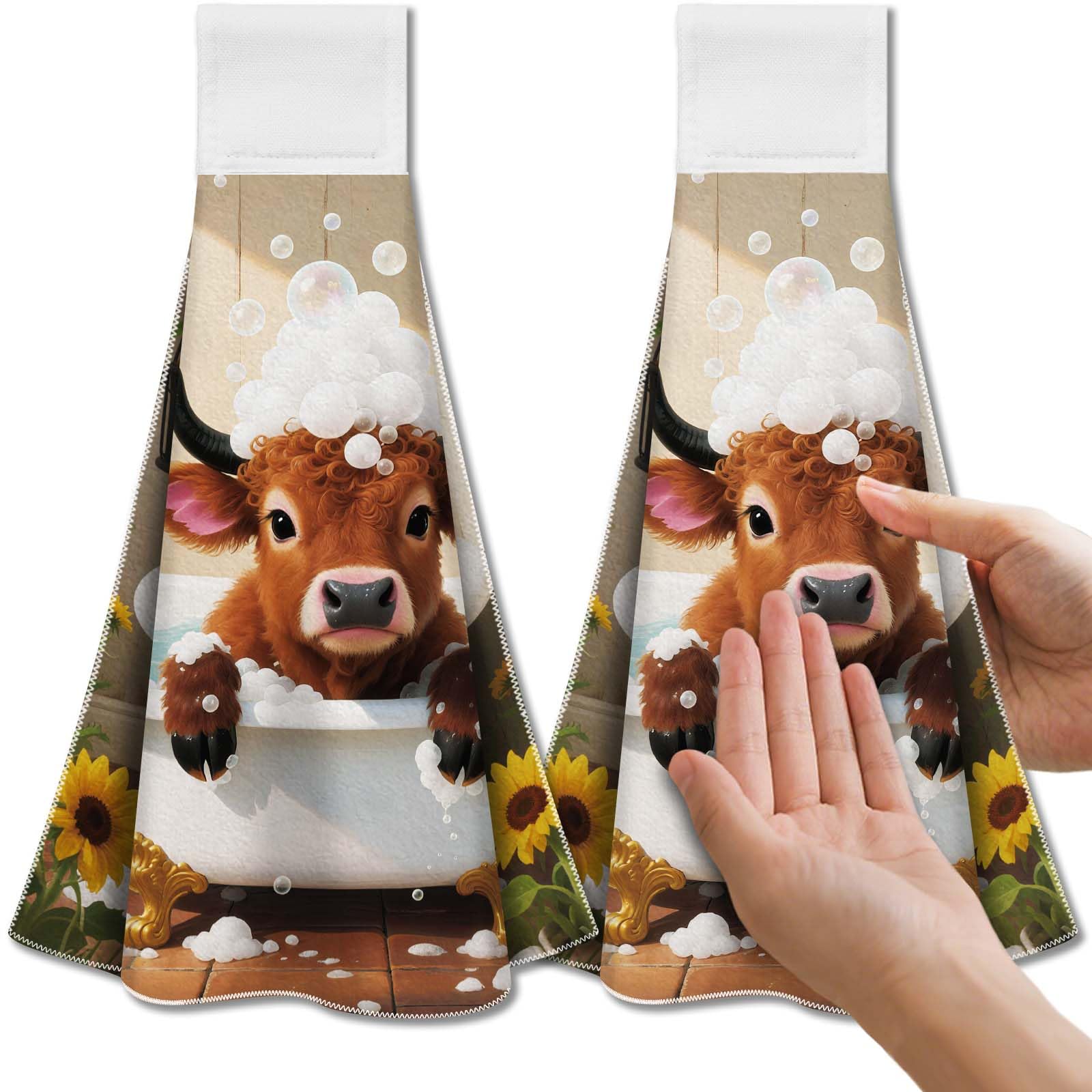 CUTHOLLOW Highland Cow Microfiber Tea Towels with Loop, Set of 2