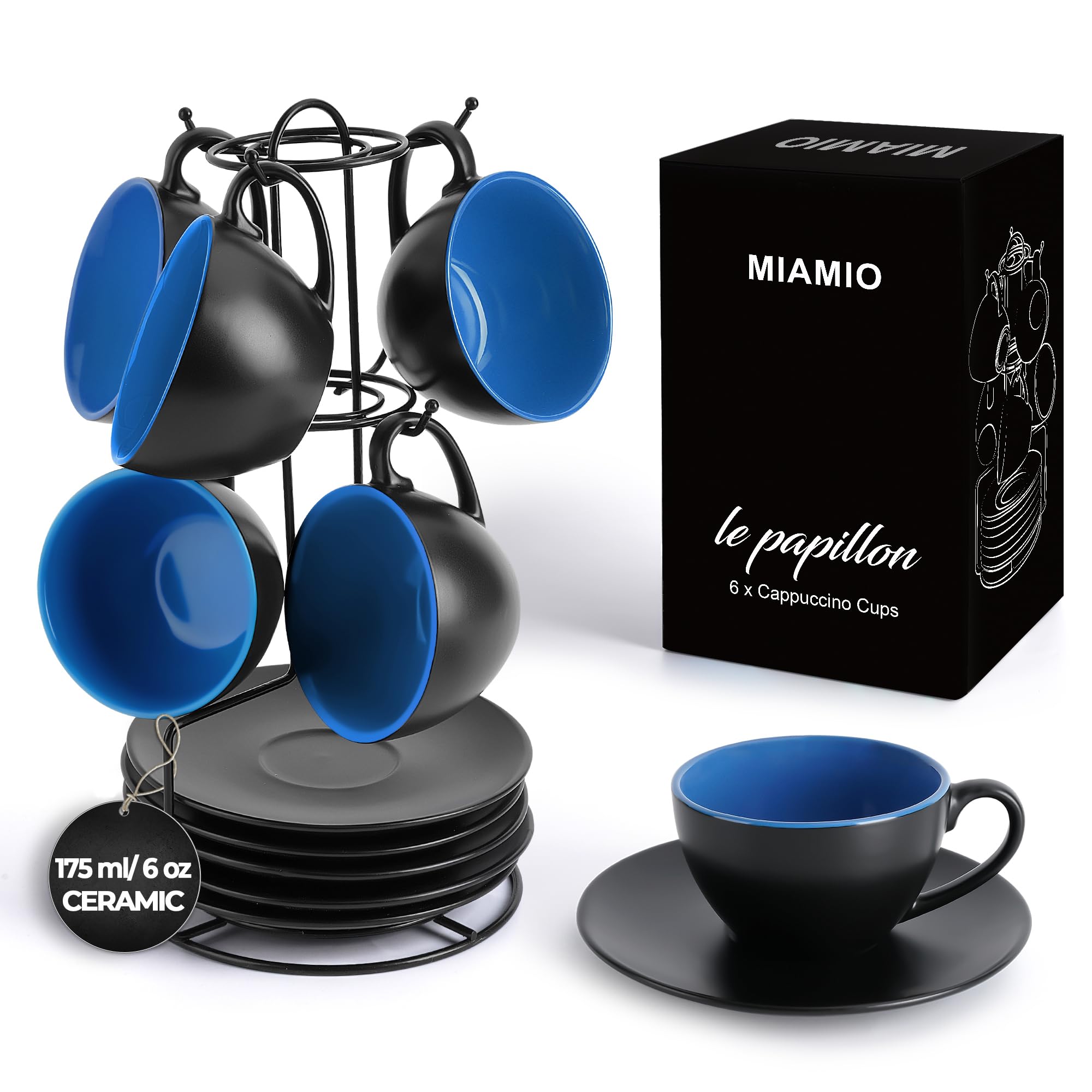 MIAMIO Ceramic Cappuccino Cups Set of 6 - 175ml Mugs with Stand & Saucers