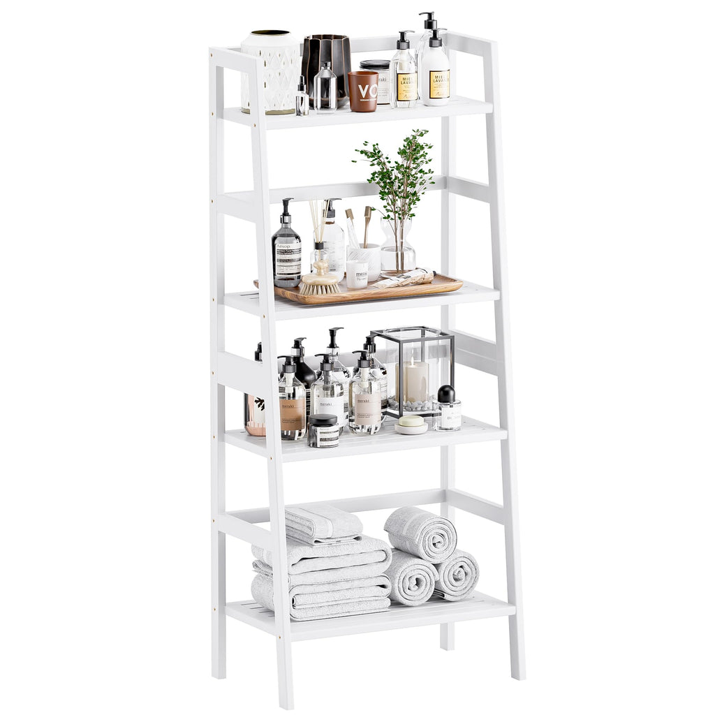 HITNET 4-Tier Bamboo Ladder Bookshelf – White Leaning Storage Display Rack