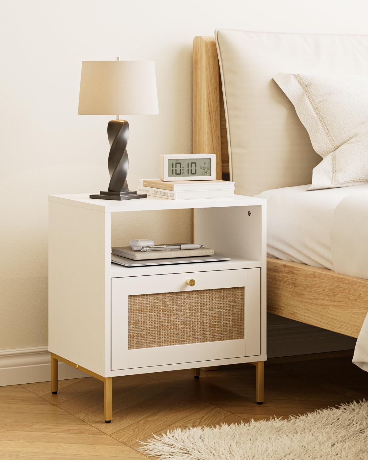 Apetaccat White Rattan Bedside Table | Boho Nightstand with Gold Legs