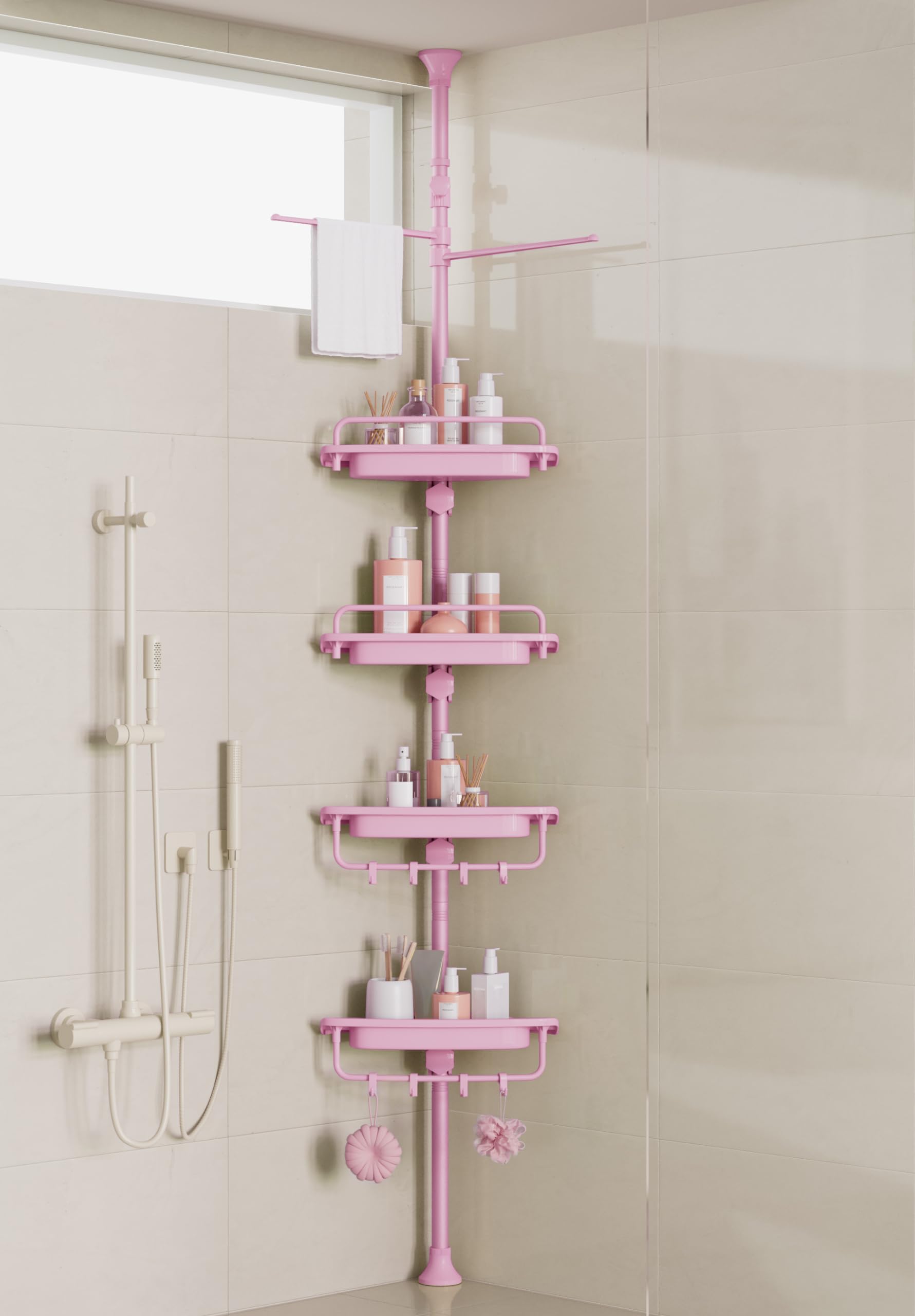 XLHOMO Corner Shower Caddy Tension Pole | 32-122" Rustproof Pink Shelf