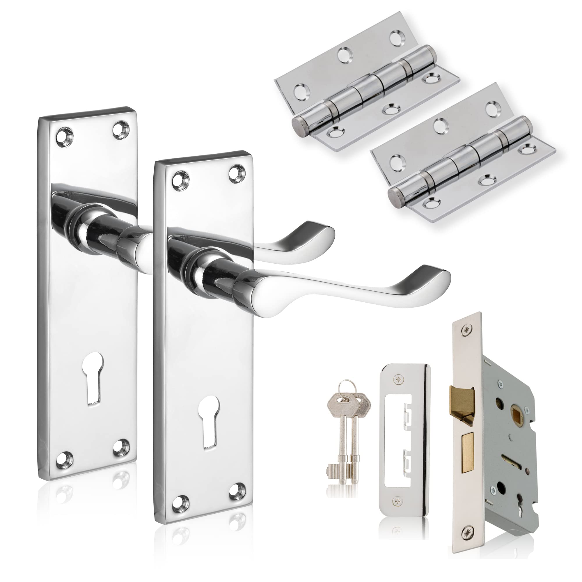 XFORT Polished Chrome Victorian Lever Lock Door Handle Set with Sashlock