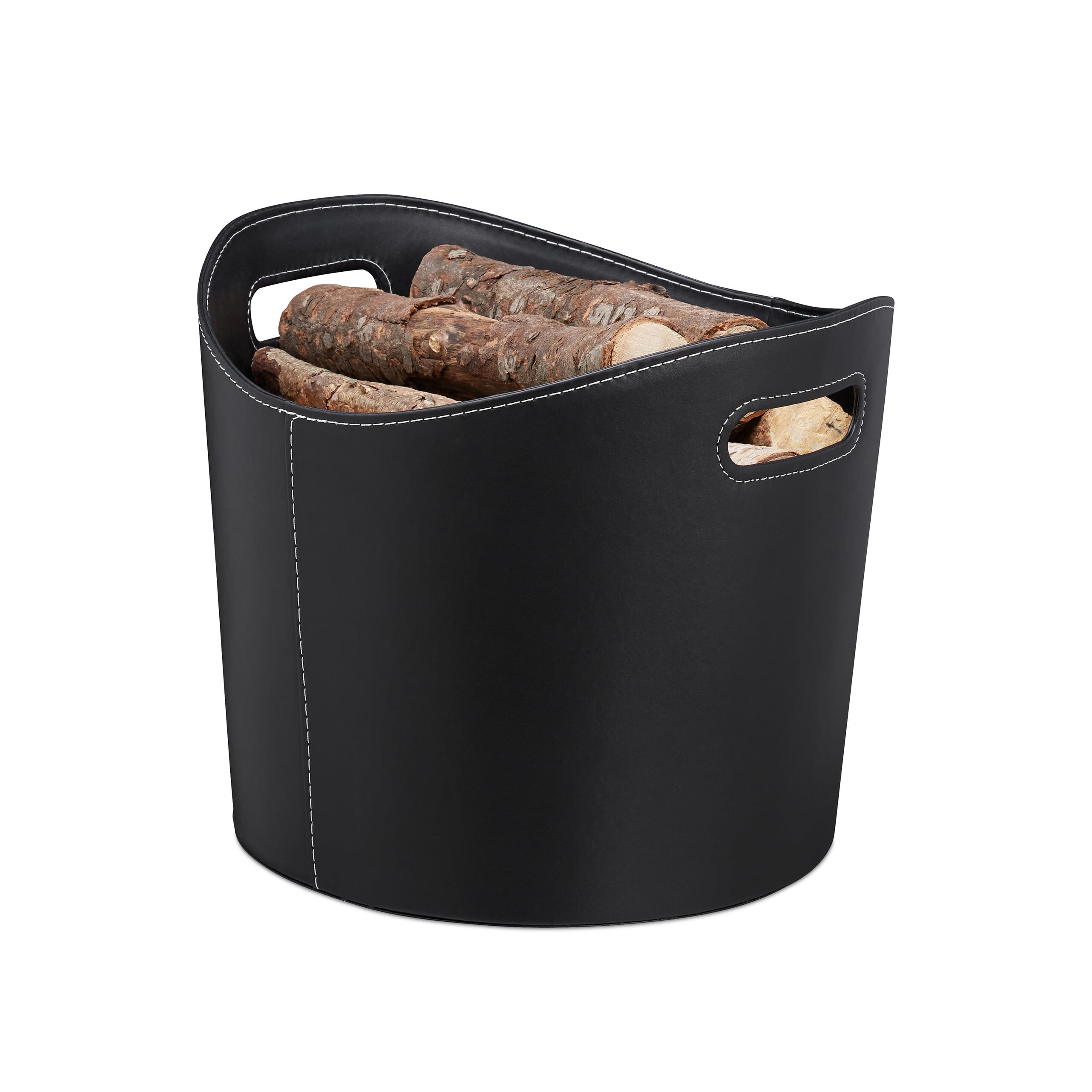 Relaxdays Faux Leather Firewood Basket – Sturdy Log Storage Bin, Black