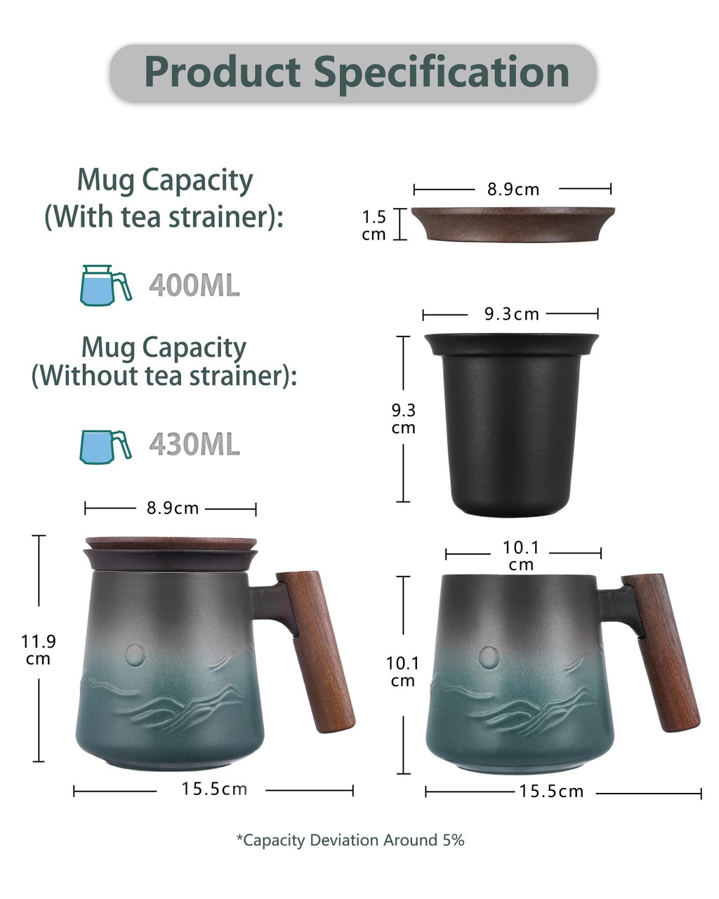 ZENS Panda Ceramic Tea Infuser Mug with Wood Handle & Saucer, 430ml