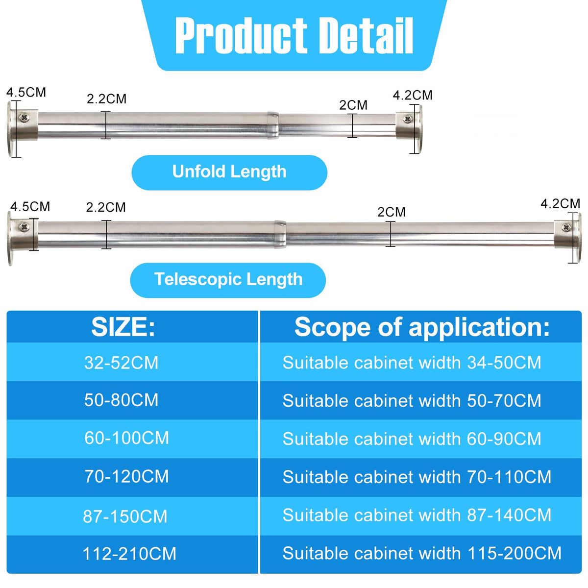 Wardlock 50-80 cm Extendable Stainless Steel Wardrobe Rail, Adjustable Clothes Rail Pole With U Shaped End Sockets. - image 4