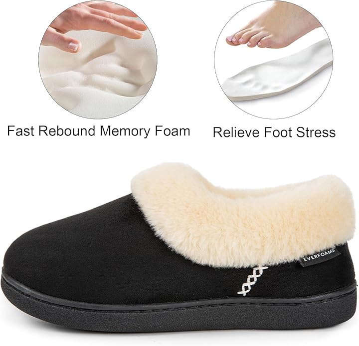 EverFoams Men's Memory Foam Slippers – Warm Faux Fur Booties, Black