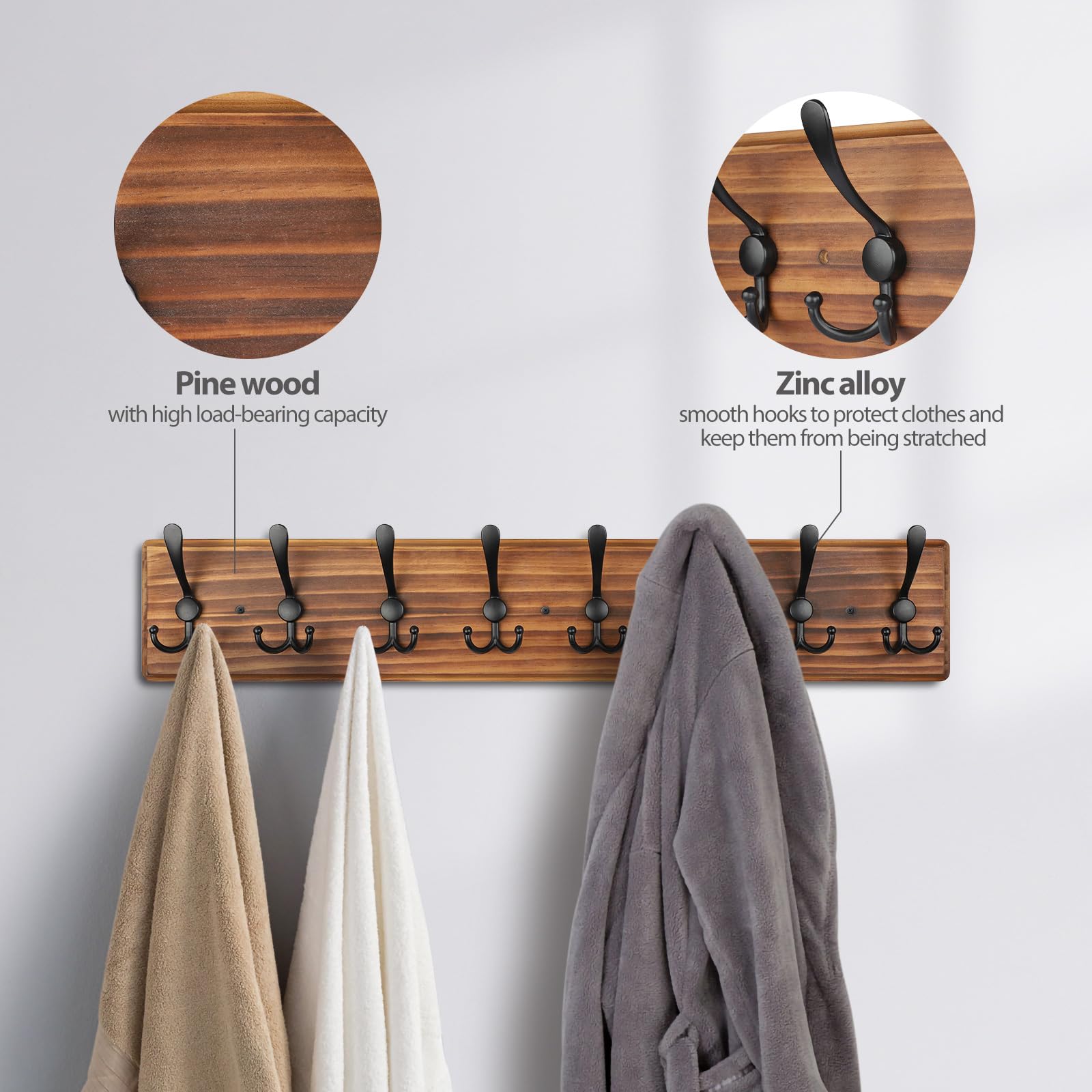 PHINGEER Wall Mounted Coat Rack – 8 Triple Hooks Heavy Duty Pine Wood