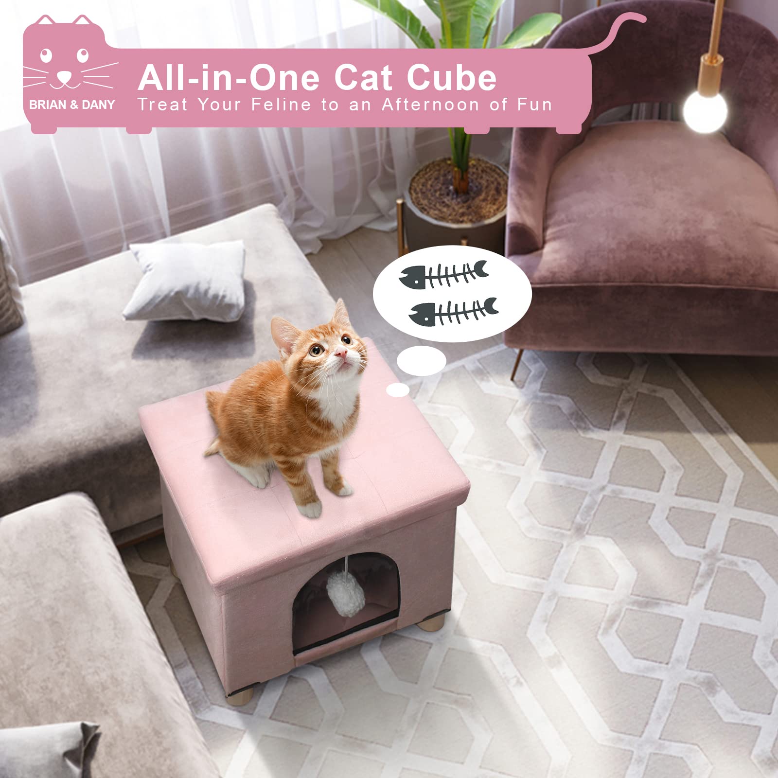 BRIAN & DANY Foldable Cat Cave House | Multifunctional Cube Bed - Pink