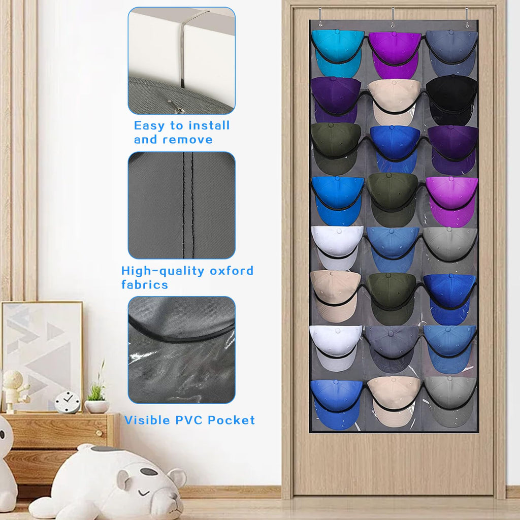 qimeyu Baseball Cap Storage,Baseball Cap Door Organizer,Cap Storage for Baseball Caps,Baseball Cap Rack with Large 24 Clear Deep Pockets,Cap Hanger - image 5