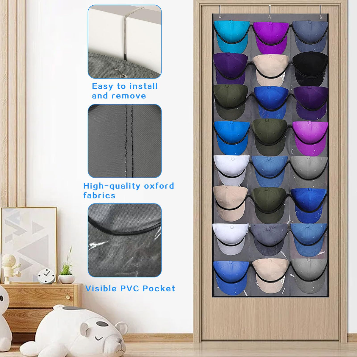 qimeyu Baseball Cap Storage,Baseball Cap Door Organizer,Cap Storage for Baseball Caps,Baseball Cap Rack with Large 24 Clear Deep Pockets,Cap Hanger - image 5