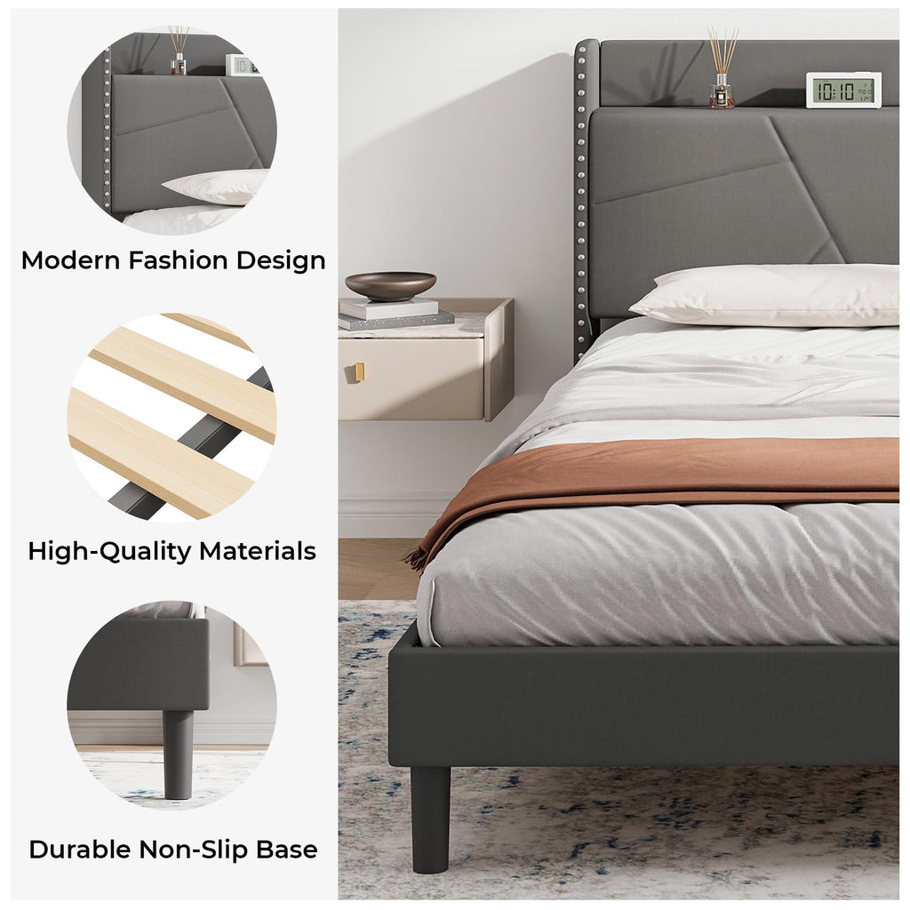 IRONCK 5ft King Size Bed Frame with Charging Station, Bed Frame King with Upholstered Storage Headboard, Sturdy Wooden Slat Support - image 4