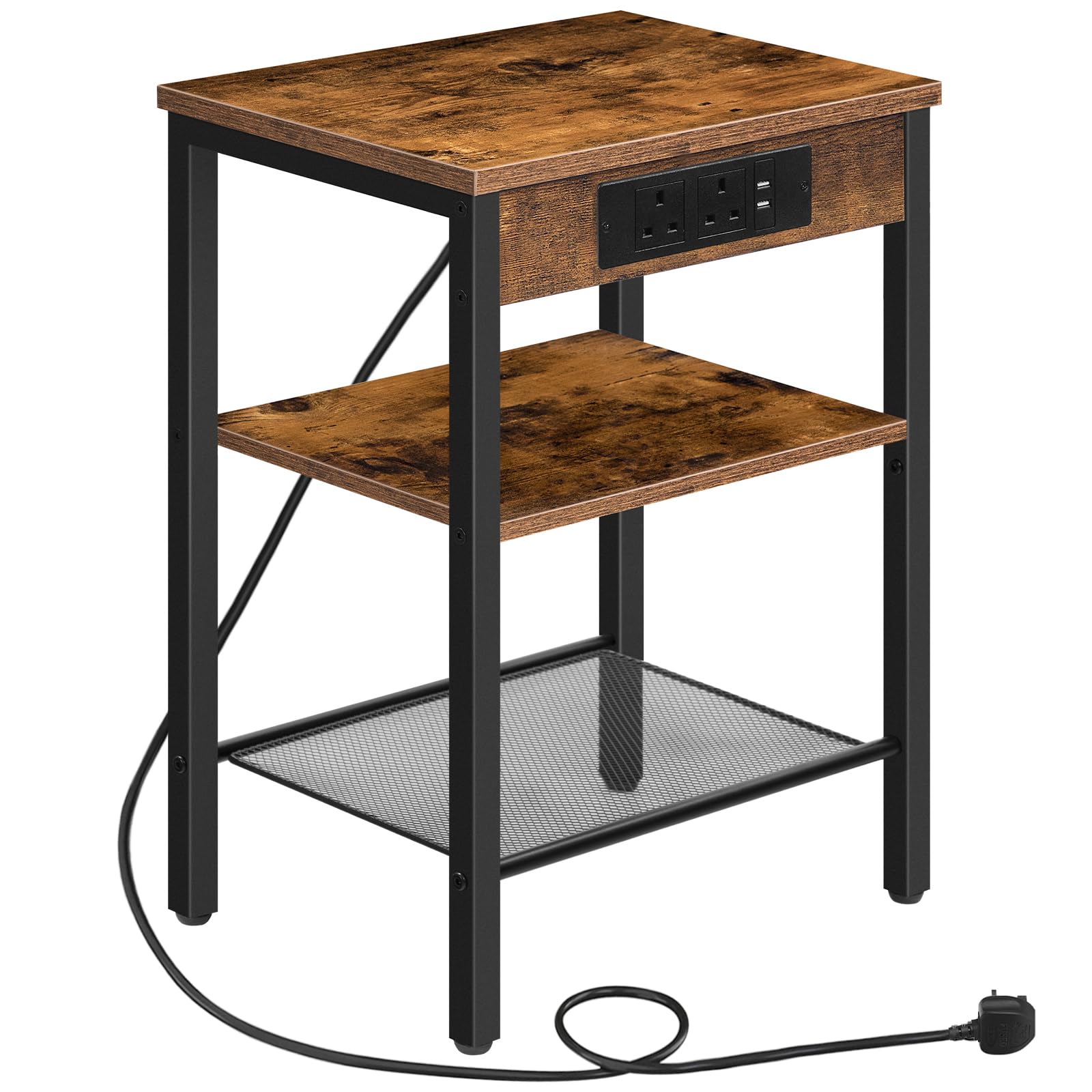 HOOBRO Narrow Side Table with Charging Station | 3-Tier Rustic Bedside Table