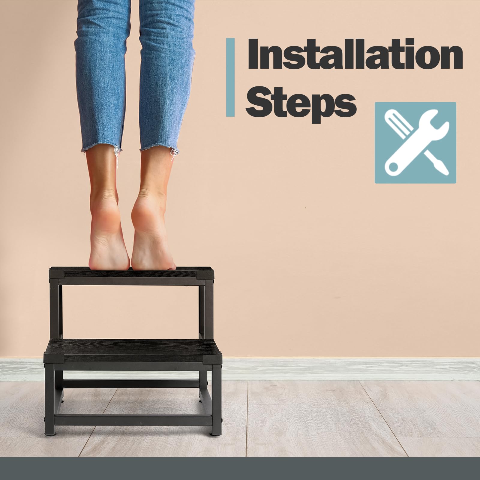 LIANTRAL 2-Step Stool for Adults | Heavy Duty Wood and Steel Foot Stool