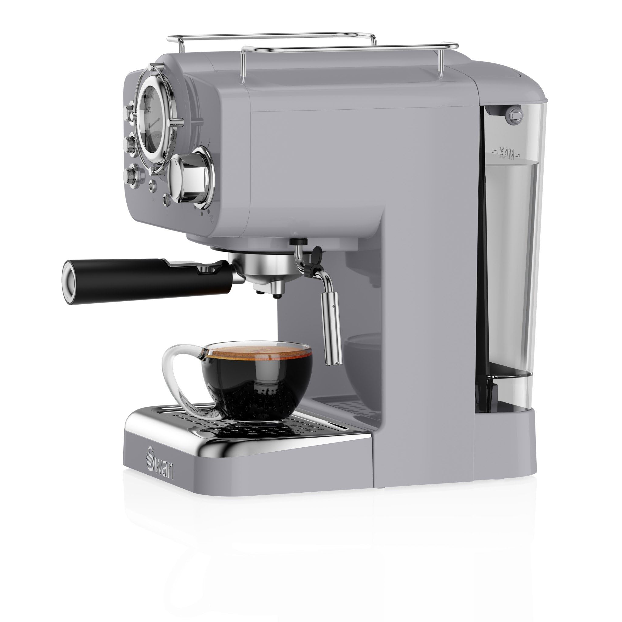 Swan Retro Espresso Coffee Machine with Milk Frother - 1.2L, Retro Grey