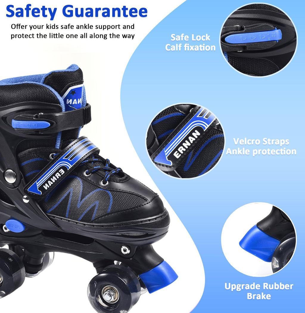 ERNAN Kids Roller Skates | 8 Light Up Wheels | 4 Sizes Adjustable - Blue