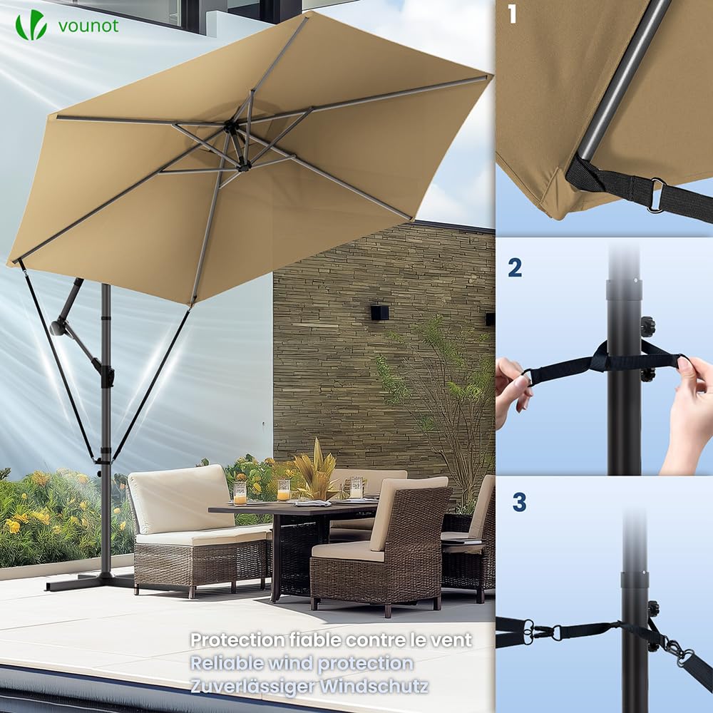 VOUNOT 3m Cantilever Garden Parasol – Tilting Banana Patio Umbrella, Khaki