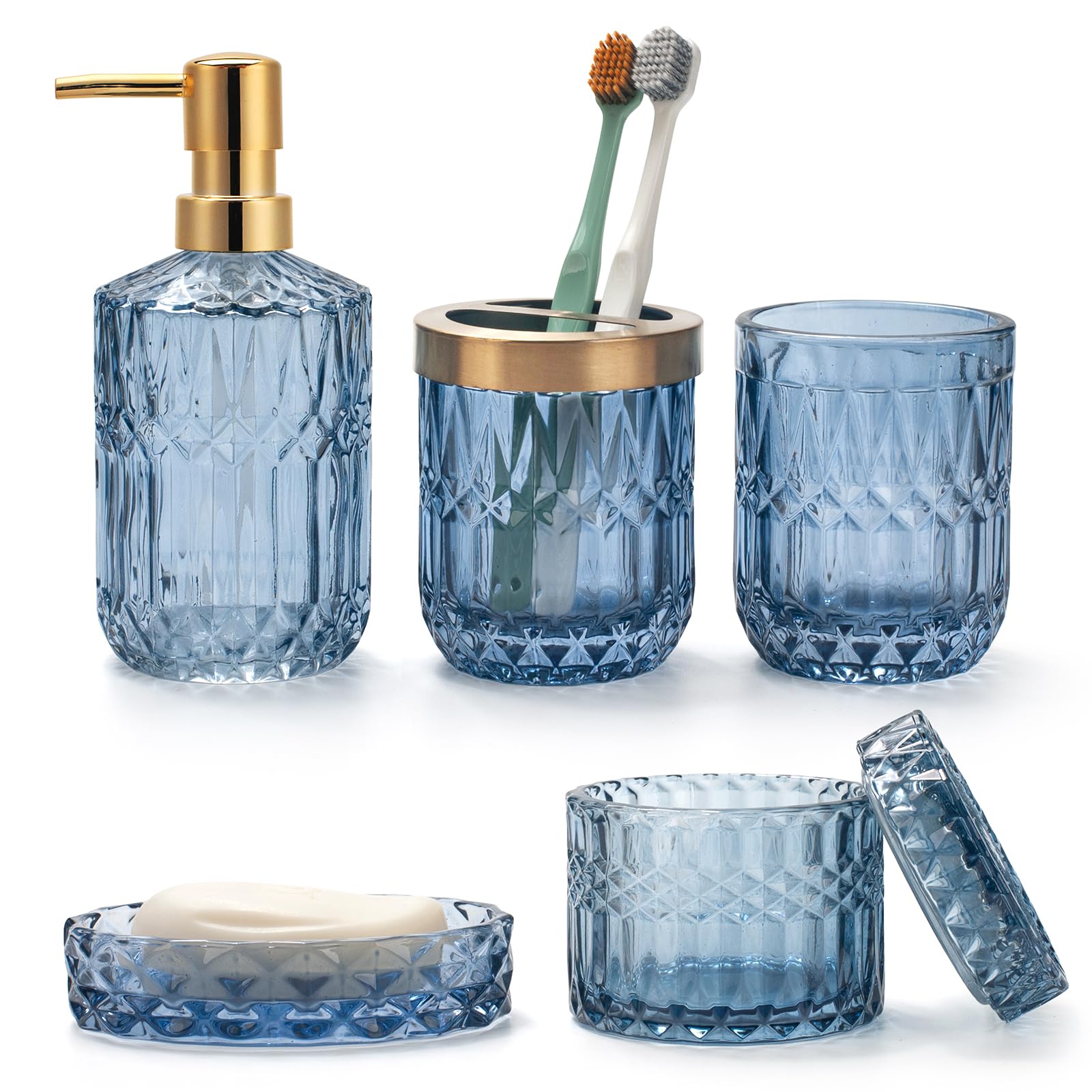 5-Piece Blue Glass Bathroom Accessories Set – Vintage Diamond Cut