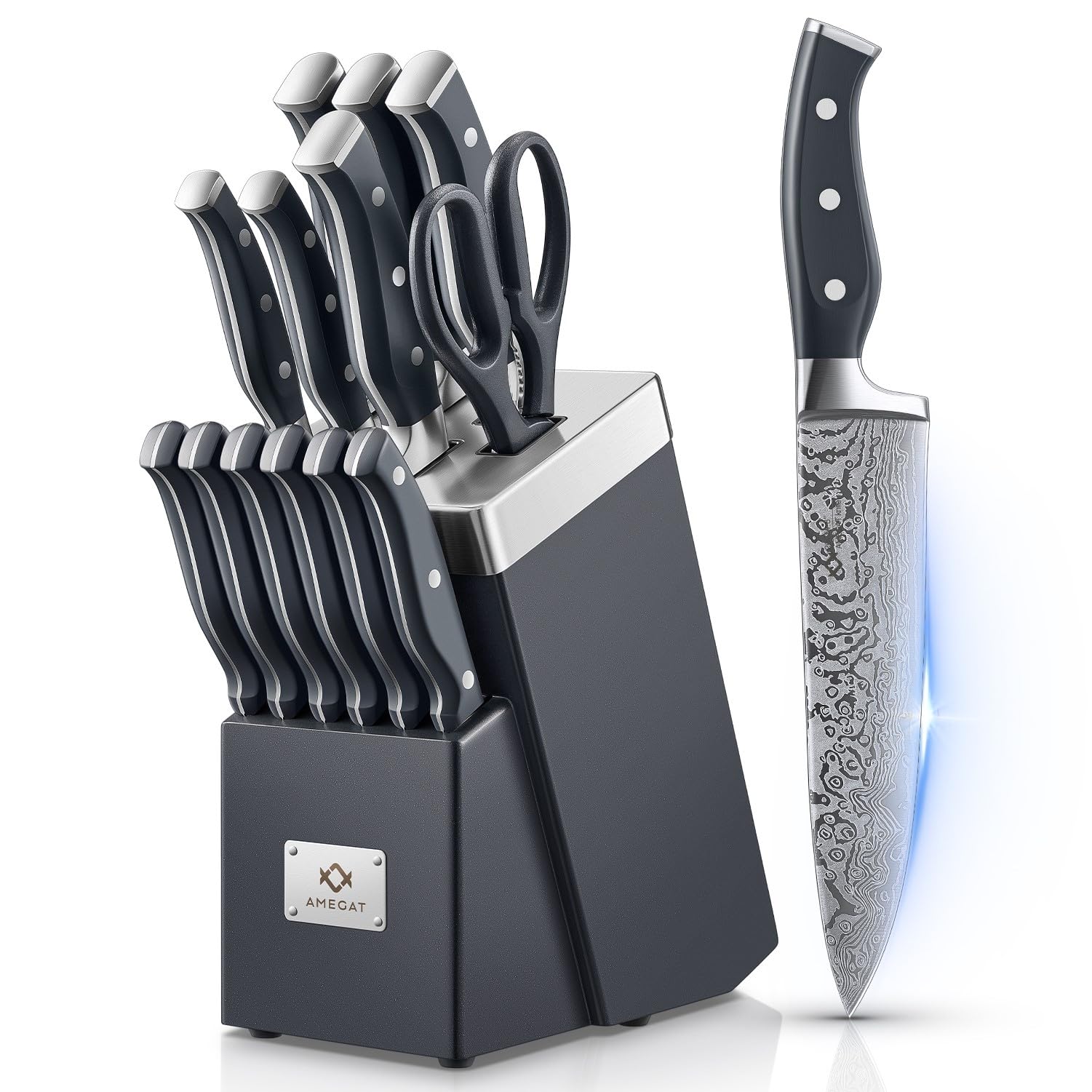 AMEGAT 14-Piece Self-Sharpening Kitchen Knife Set | Waved Stainless Steel