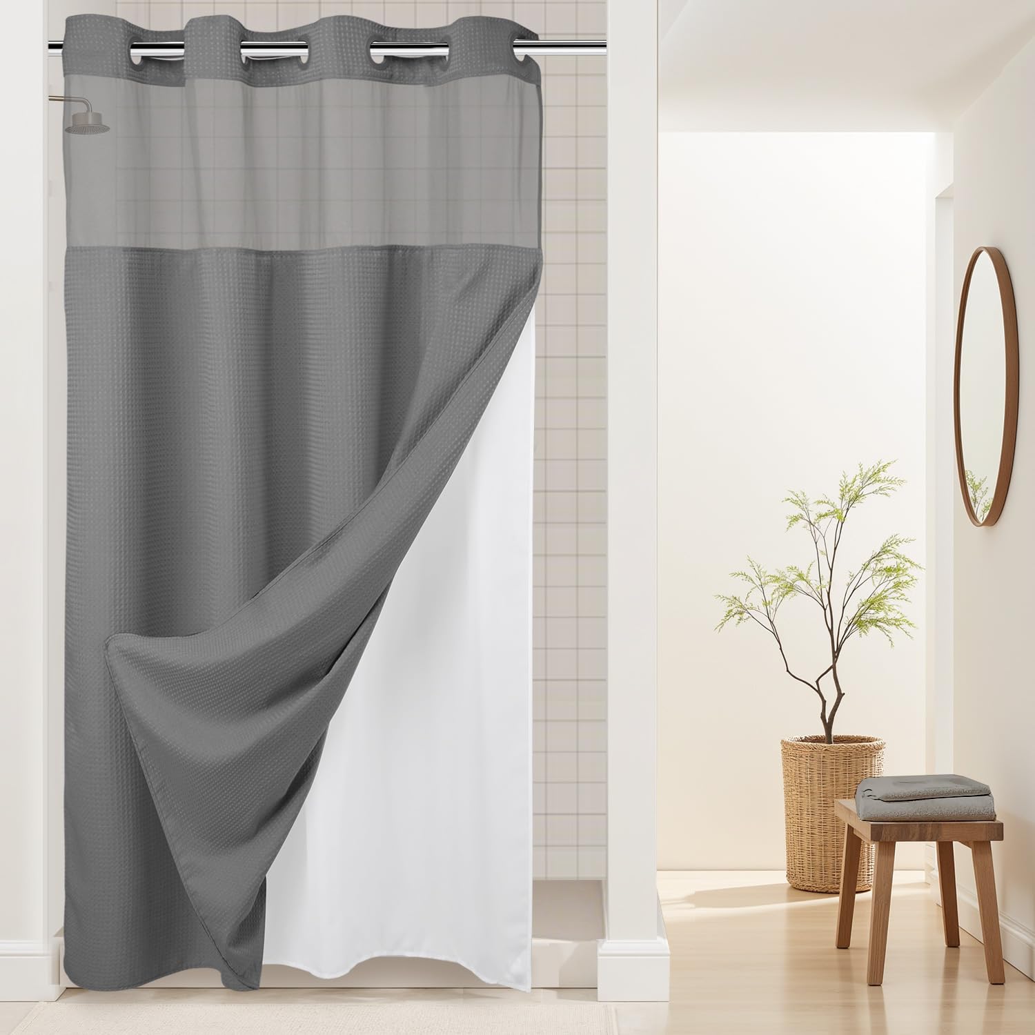 River Dream Waffle Weave Hookless Shower Curtain with Snap-in Liner, Gray