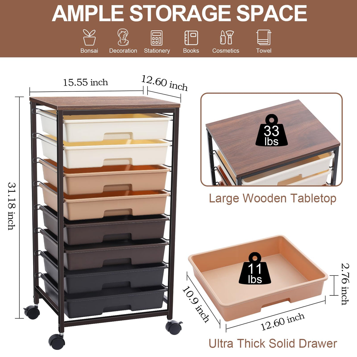 SYKIARIOL 8-Drawer Storage Trolley Rolling Cart with Lockable Wheels, Brown - image 2