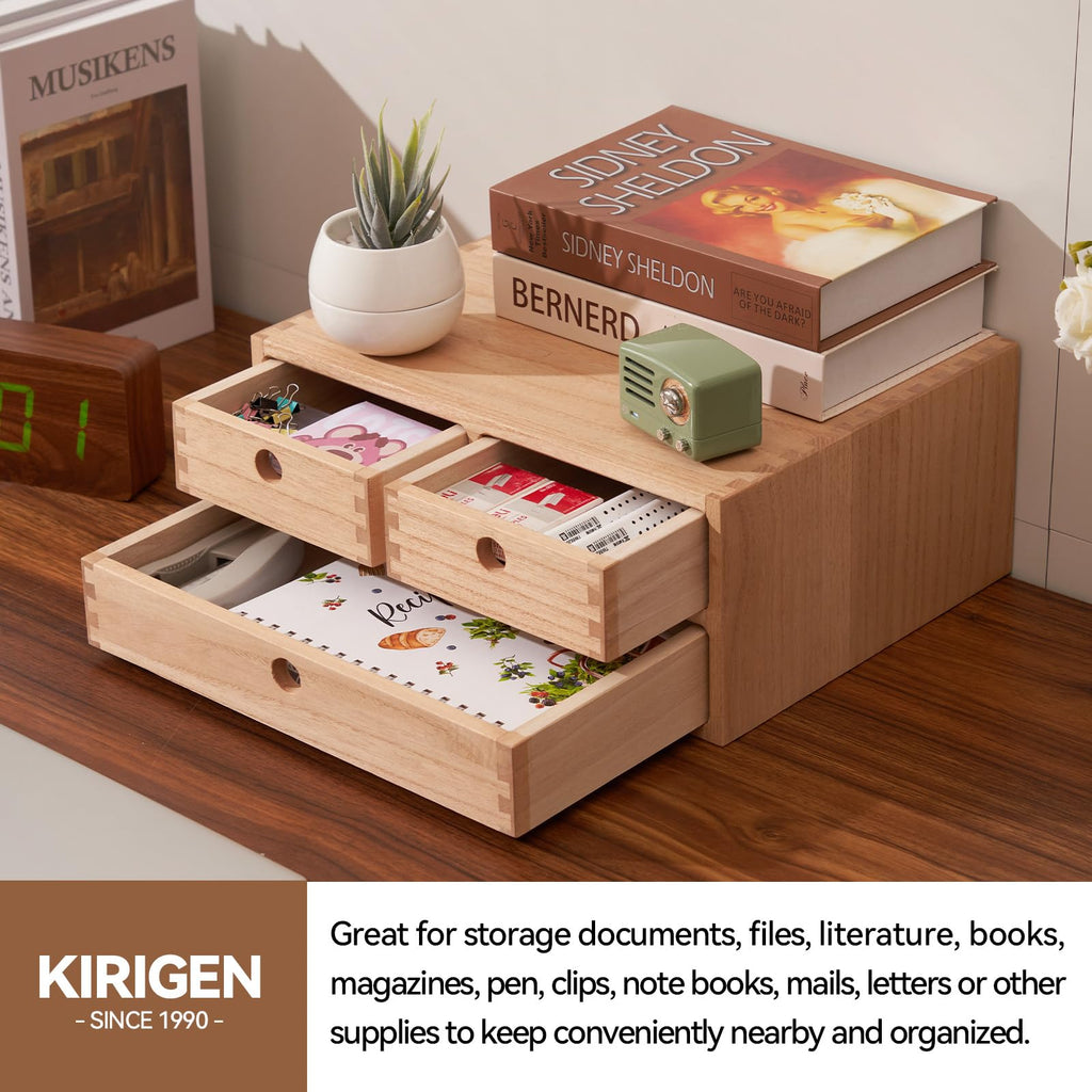 KIRIGEN Solid Wood Desktop Organizer | 3-Drawer Office Storage Cabinet