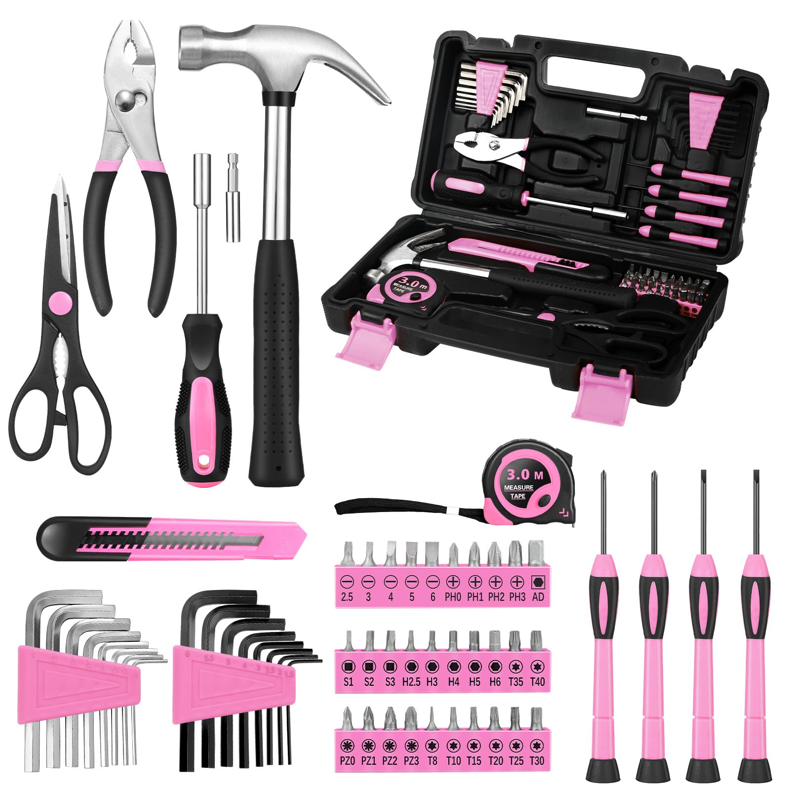 KASAFE 57-Piece Pink Tool Kit | Basic Home Repair Set with Toolbox
