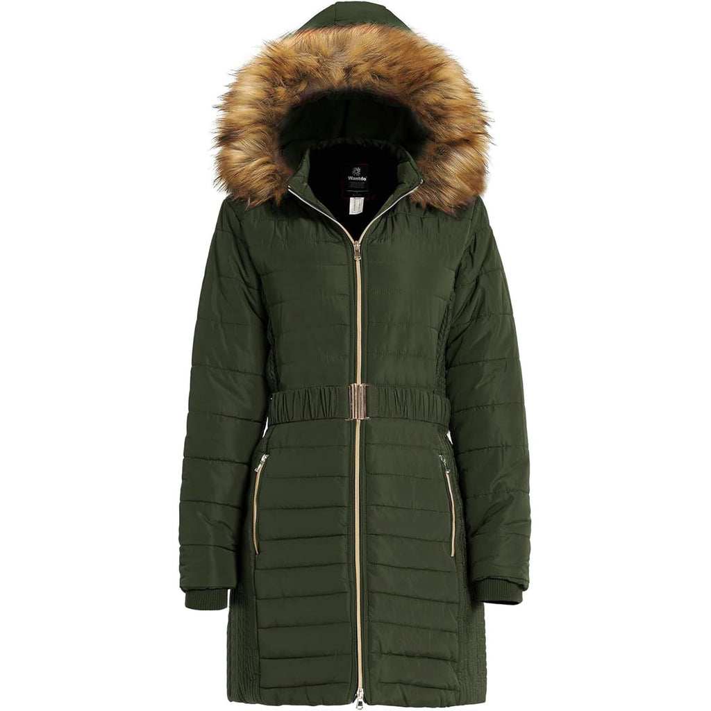 Wantdo Women's Long Winter Puffer Coat - Waterproof Army Green Jacket