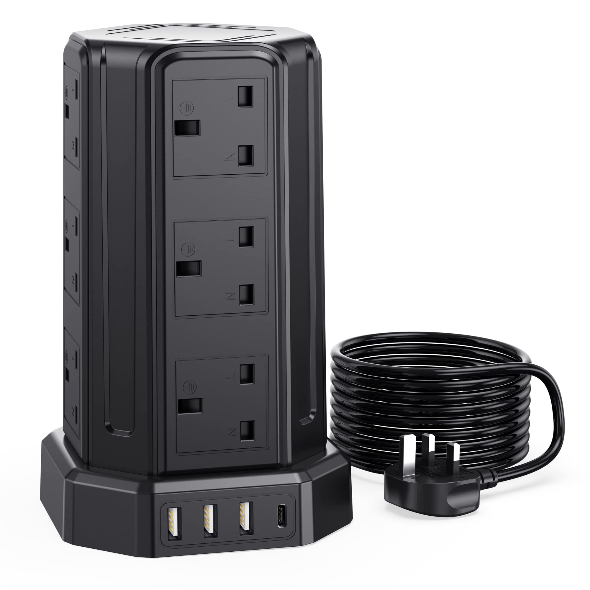 Jolof Store 12 Way Tower Extension Lead | 5M Surge Protector with 4 USB