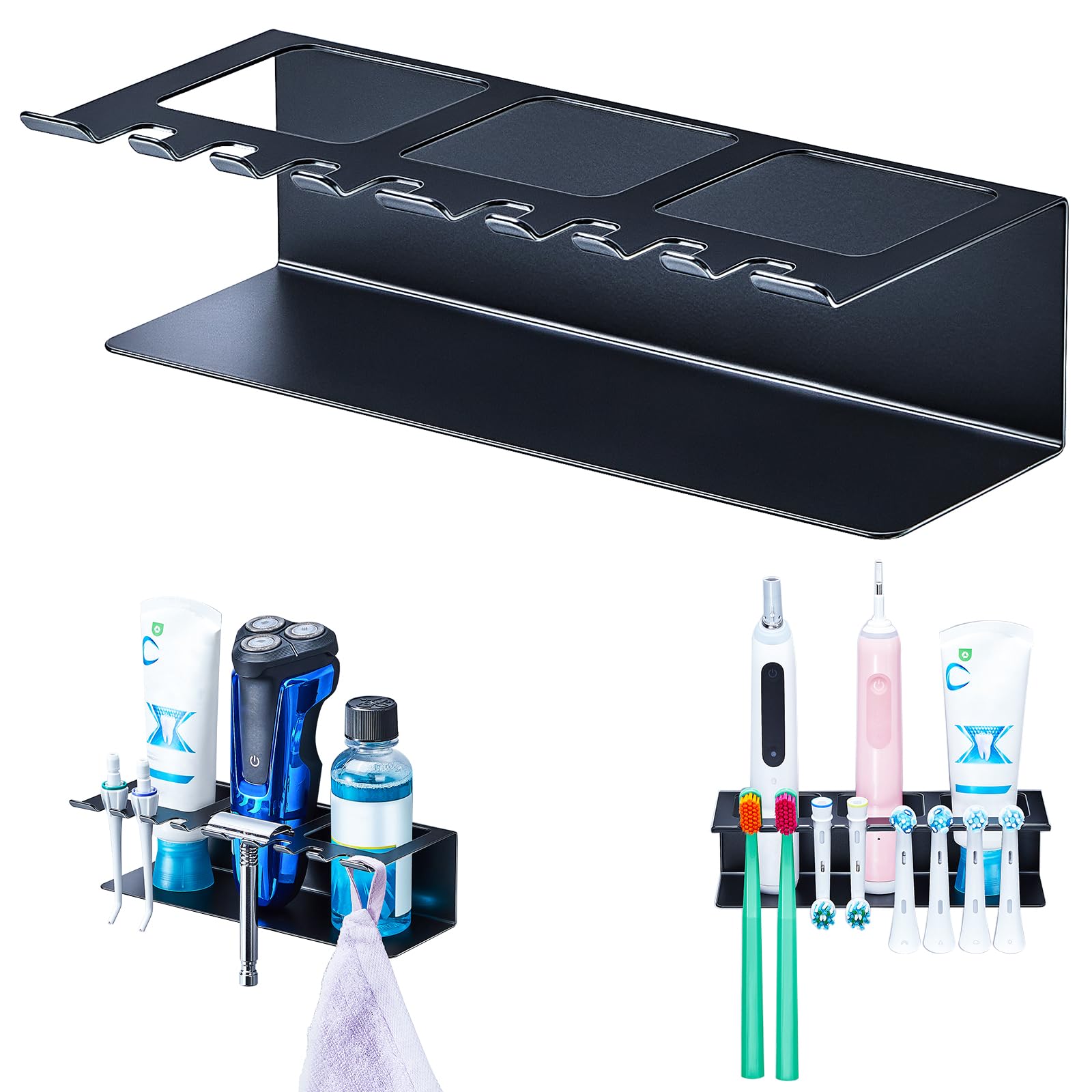 YYBO Wall Mounted Toothbrush Holder - 8 Slot Metal Organizer, Black