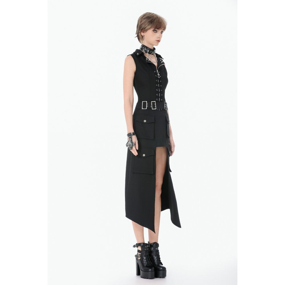 Dark in Love Black Punk Long Skirt – Layered Cutout Belted Gothic Skirt