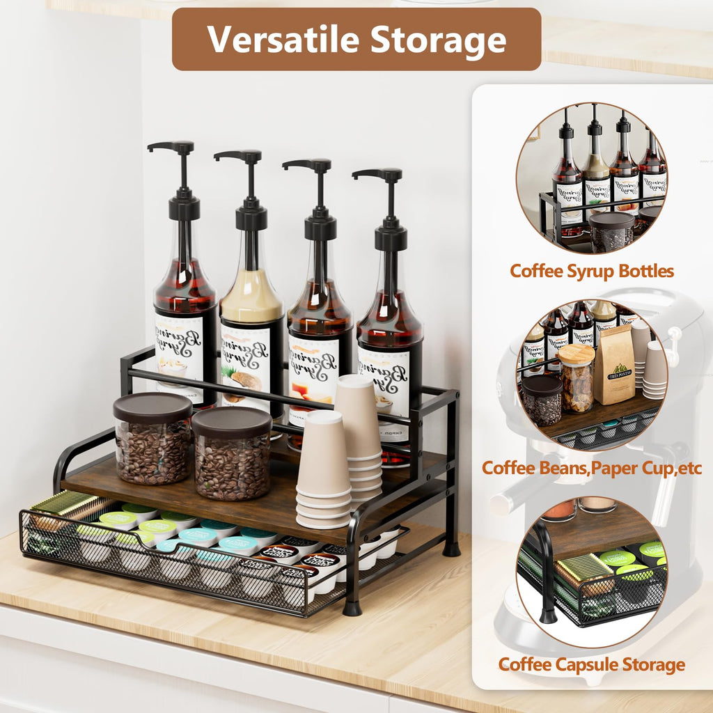Jolof Store Coffee Syrup Organizer – 3-Tier 8 Bottle Stand with K-Cup Drawer