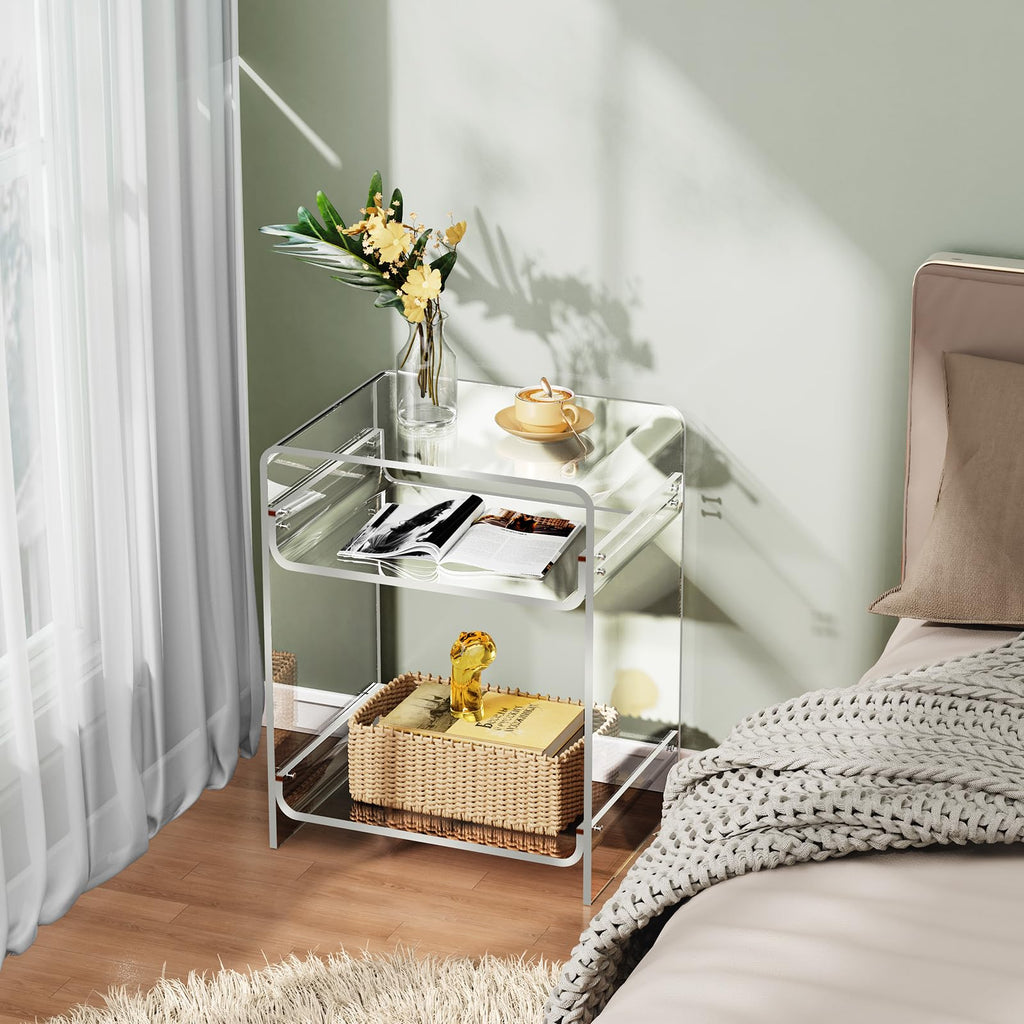 Acrylic End Table with Storage Shelf, Clear Side Table, Record Player Table, Nightstand, 15.7x19.7x11.8 Clear, 40×30×50 cm
