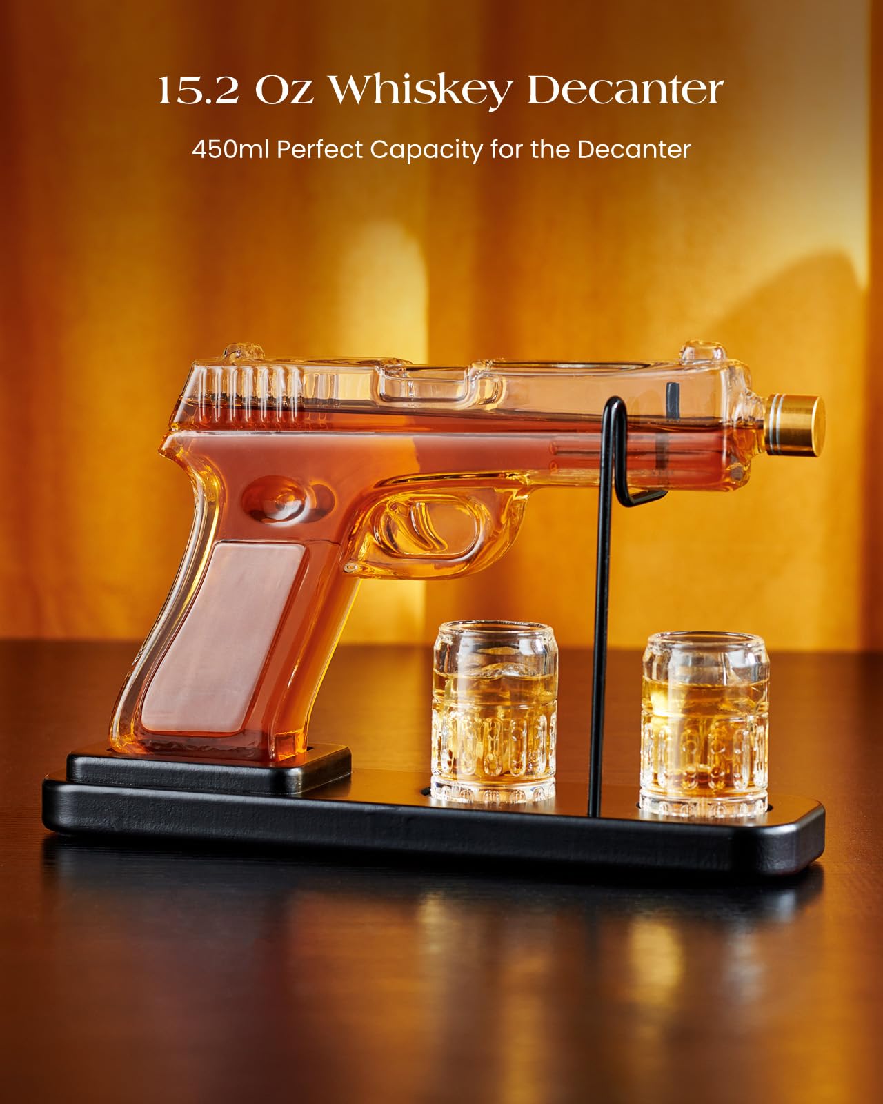 Kollea Gun Whiskey Decanter Set | 15oz Glass Dispenser with 2 Glasses