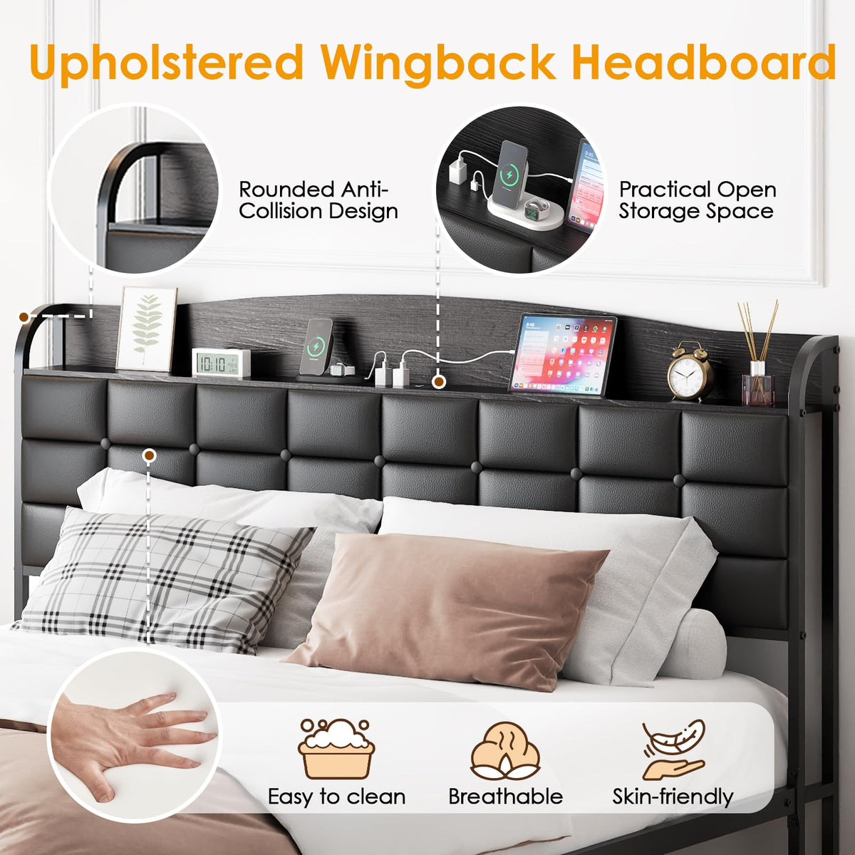 WOWTRELAX King Size Bed Frame with Charging Headboard Storage Shelf 150x200 - image 3