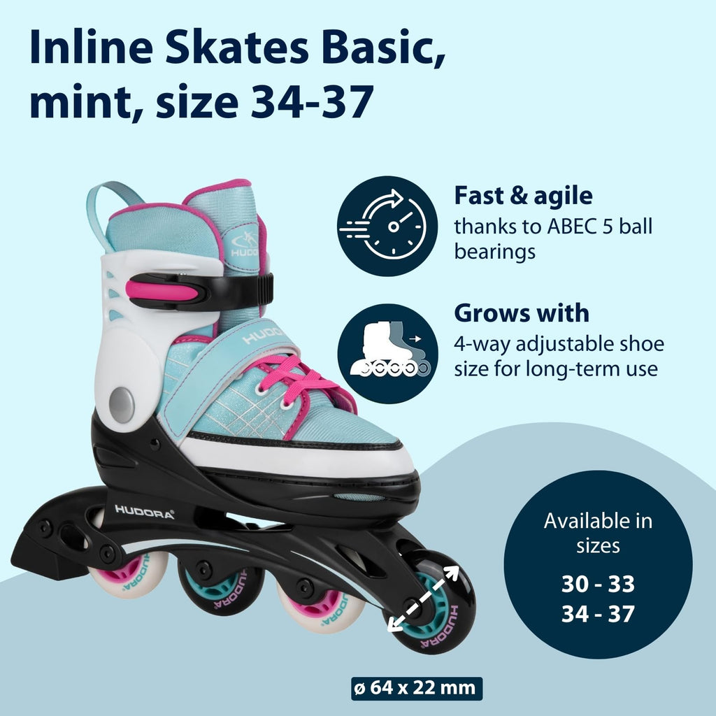 HUDORA Inline Skates Basic – Adjustable Kids Roller Skates, Blue/Mint