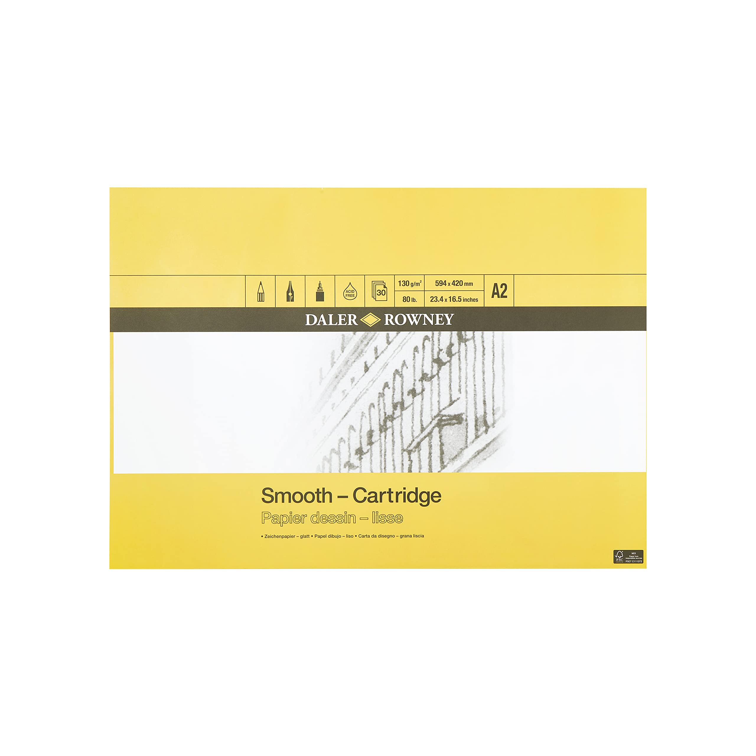 Daler Rowney Smooth Cartridge Paper Gummed Pad | A2 130gsm White