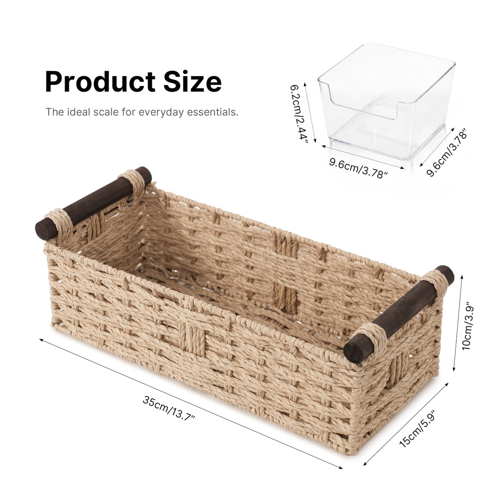 Paper Rope Storage Wicker Baskets for Toilet Tank Top with Wooden Handle Small Decorative Organizer Bin Rectangular Tray for Countertop Shelf Beige - image 3