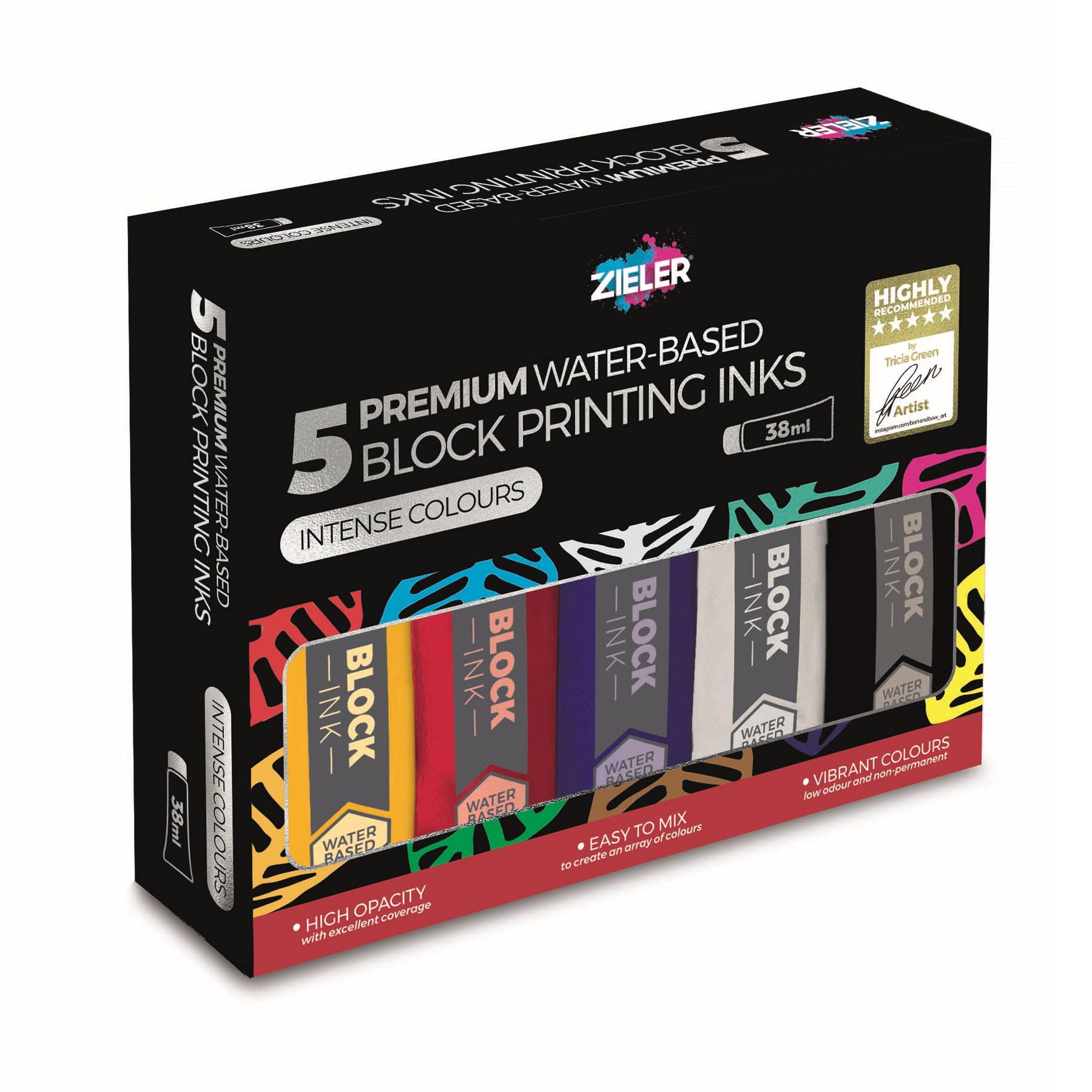 Zieler Water-Based Block Printing Ink Set | 5 High-Opacity 38ml Tubes